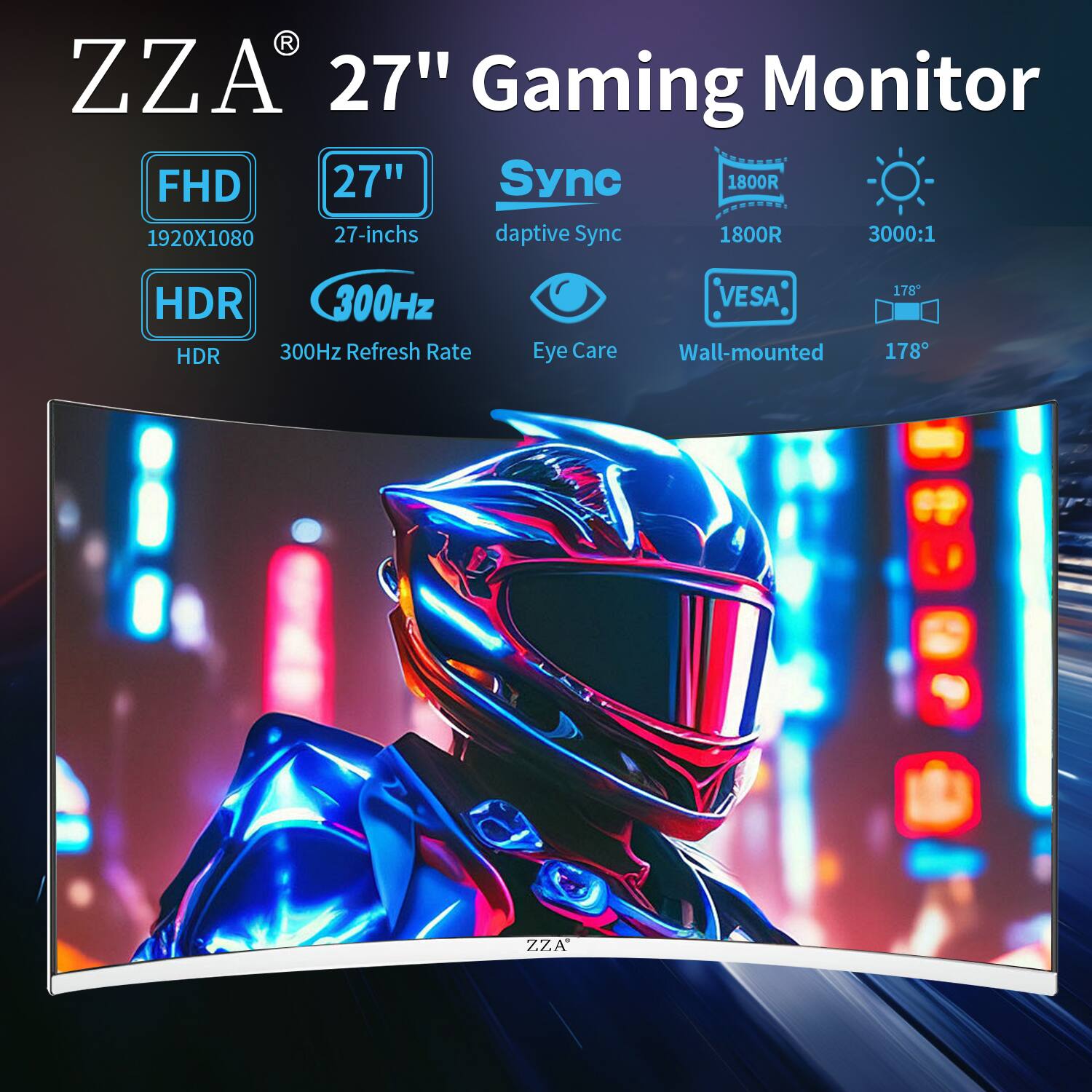 ZZA 27" Gaming Monitor FHD 27" Sync 1800R 1920X1080 27-inch adaptive Sync 1800R 3000:1 HDR 300Hz Refresh Rate Eye Care VESA Wall-mounted 178°