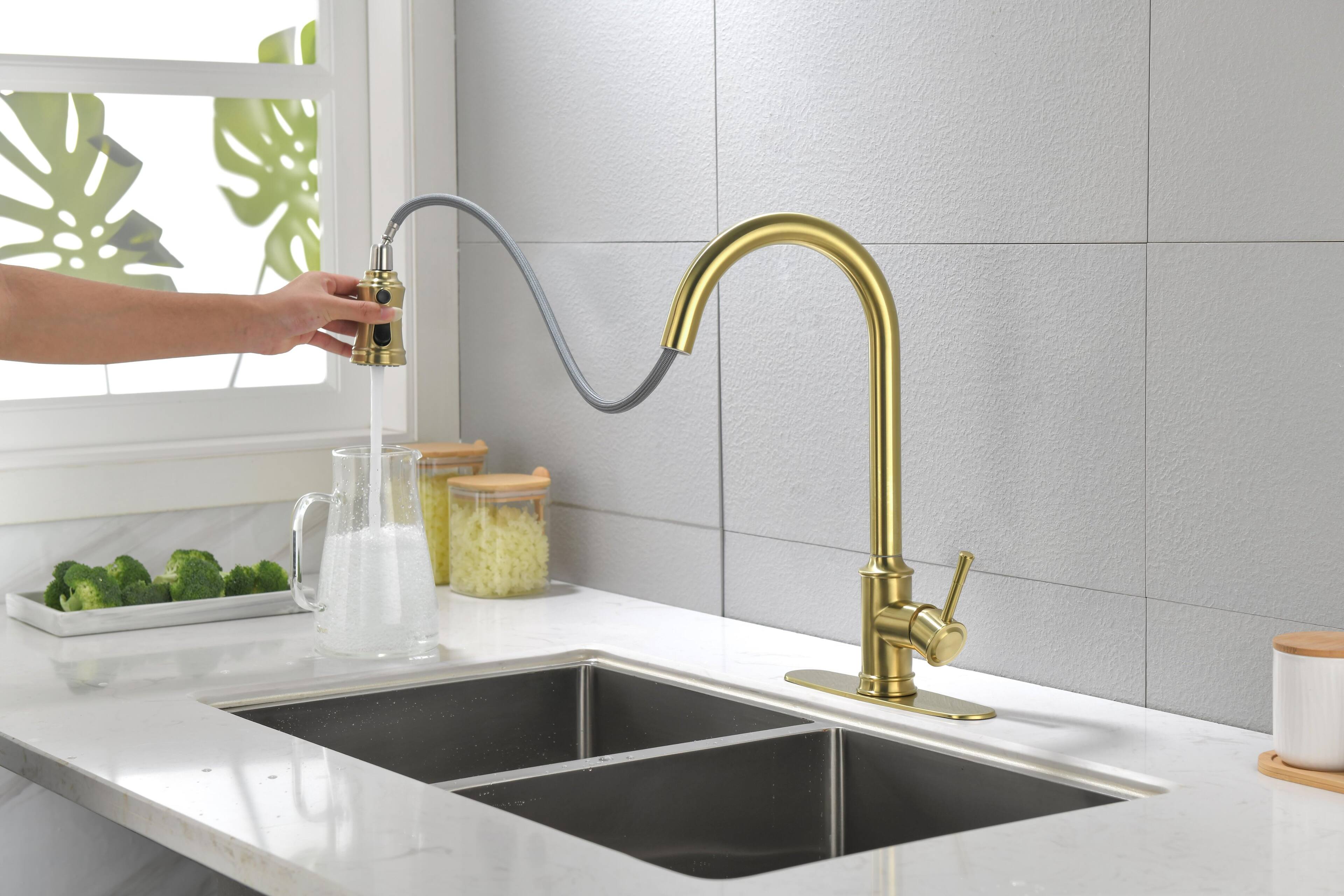 Left. Siljoy - Single Handle High Arc Pull Out Kitchen Faucet,Single Level Stainless Steel Kitchen Sink Faucets with Pull Down Sprayer - Brushed Gold.