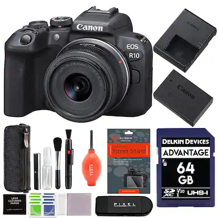Canon RF RF-S 18-45mm LENS 4.5-6.3 CANON IS STM 0ddmin EOS R10 Canon CHARCE 2 72V BATTERY Canon PACK r040mAn(Licionl LP E12 LENS CLEANING PAPER x pro master ....E DELKIN DEVICES Crystel Touch Screen Shield ADVANTAGE ai - - - - Sp - - Sa - - - - - . i - u 64 GB CA....A. SP V30 UHS-I XC I PIXEL . - gae -gT C Pat - S