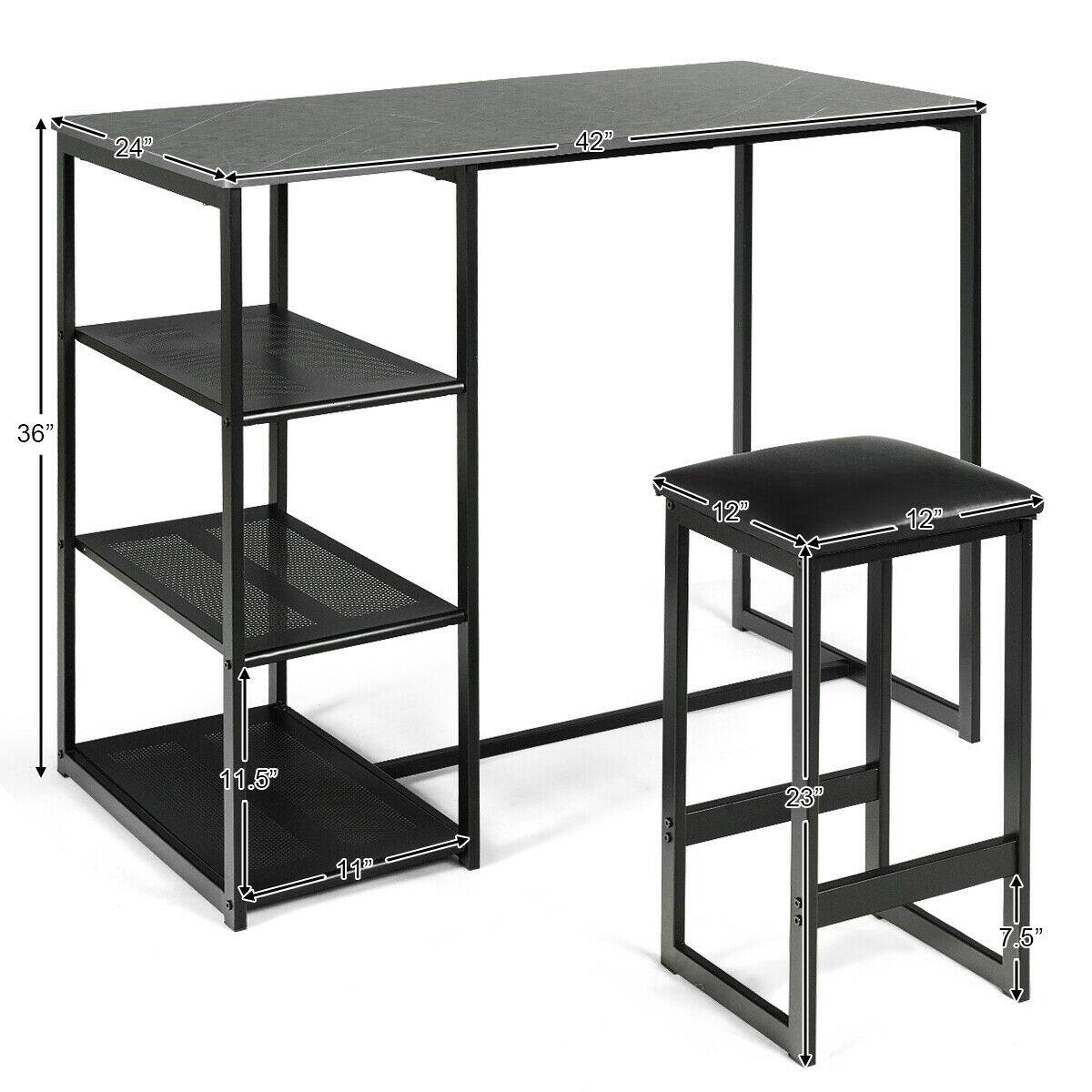 - Table dimensions: 42" (width) x 24" (depth)
- Table height: 36"
- Shelf dimensions: 11.5" (depth) x 11" (width)
- Stool dimensions: 12" (width) x 12" (depth) x 23" (height)
- Stool seat height: 7.5"