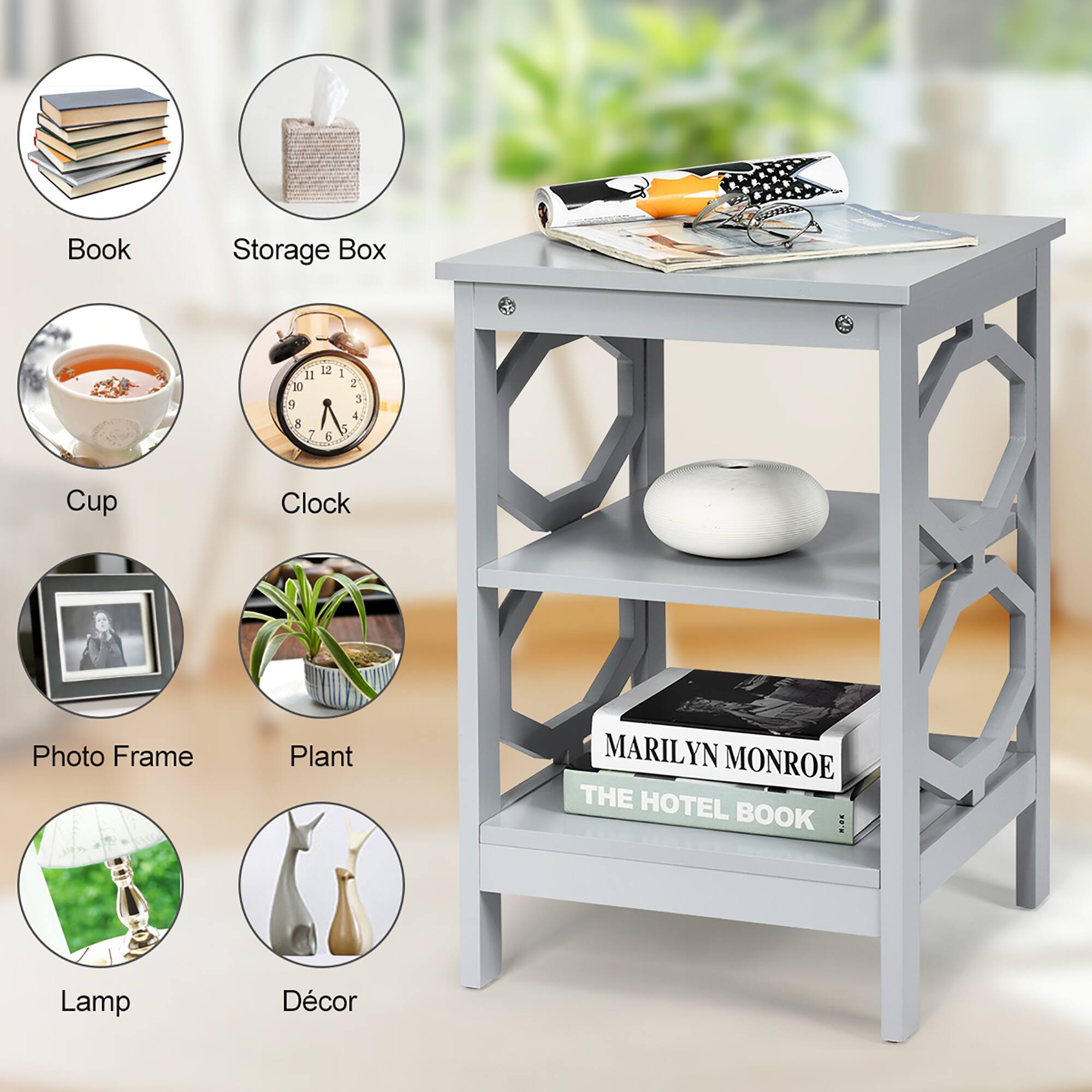 Book Storage Box, Cup, Clock, Photo Frame, Plant, Marilyn Monroe, The Hotel Book, Lamp, Decor.