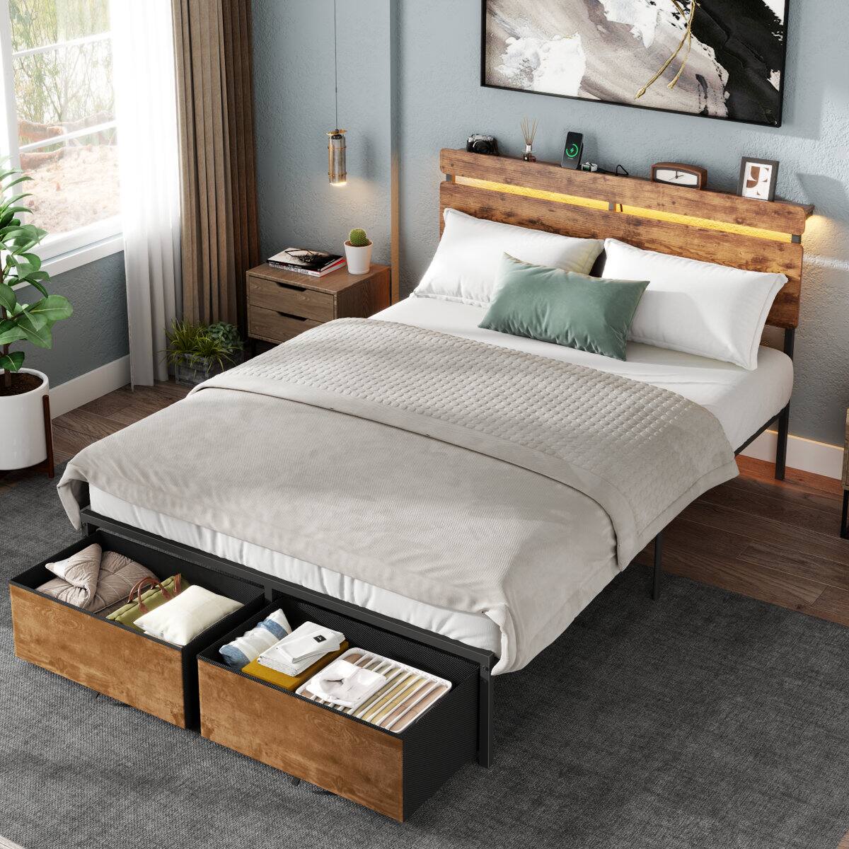 Left. Furnulem - Platform Bed with 2 Drawers and Open Storage Headboard Adjustable LED Light and Charging Station - Brown.
