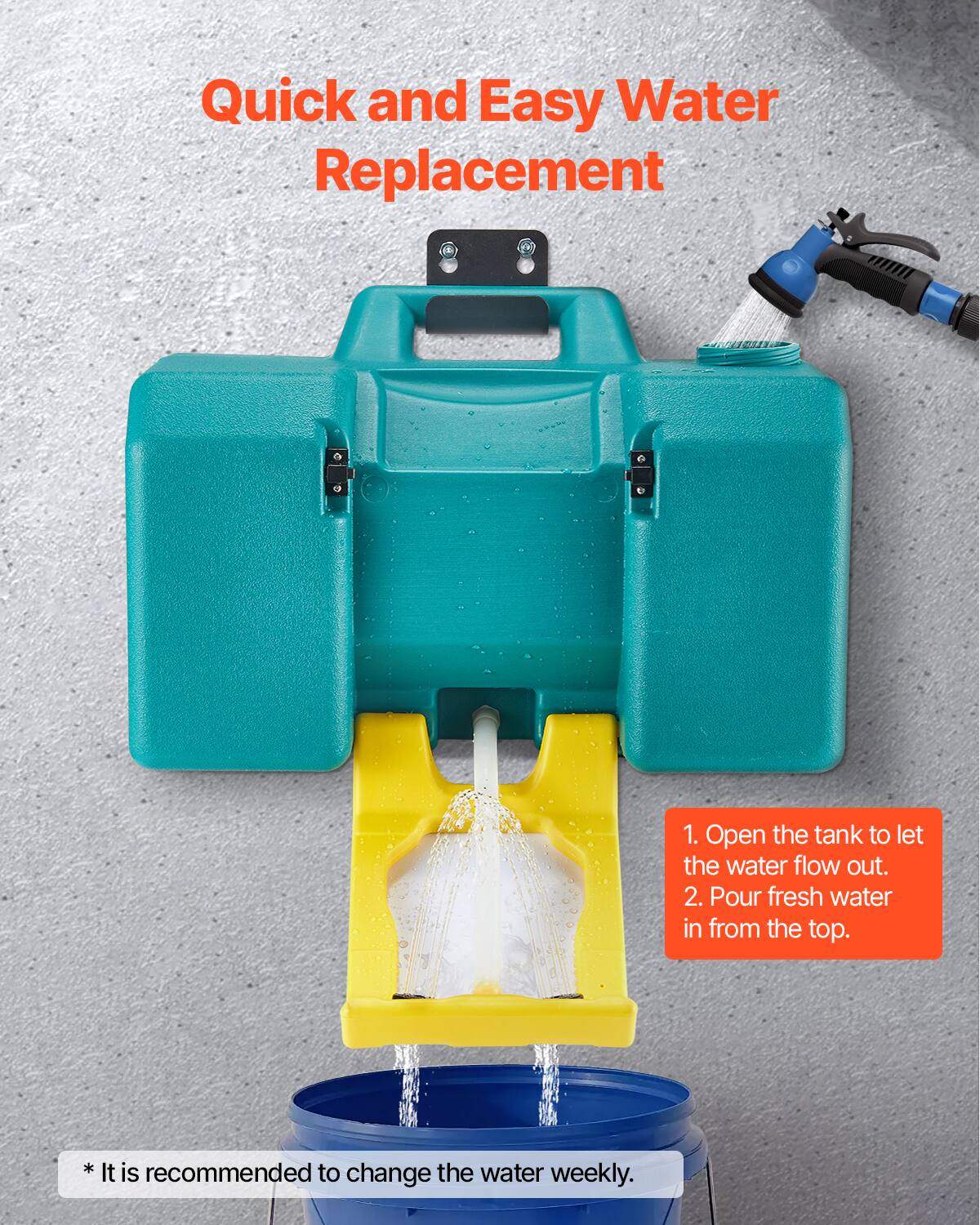 Quick and Easy Water Replacement

1. Open the tank to let the water flow out.
2. Pour fresh water in from the top.

* It is recommended to change the water weekly.