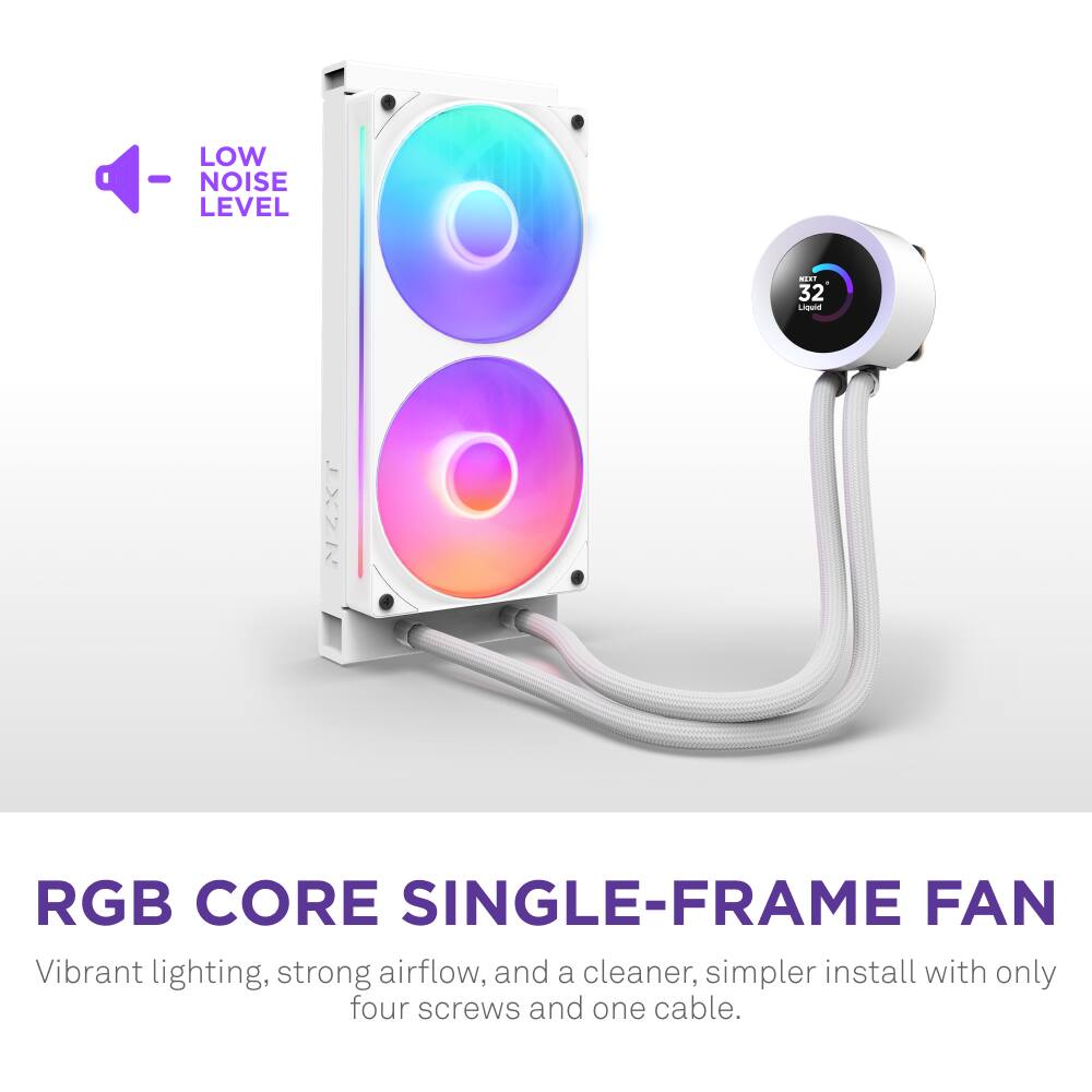 LOW - NOISE LEVEL AIST 32  NZXT 8 RGB CORE SINGLE-FRAME FAN Vibrant lighting, strong airflow, and a cleaner, simpler install with only four screws and one cable.