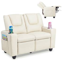 Costway - 2-Seater Kids Recliner with Cup Holders Side Storage Pockets Adjustable Backrest - Beige