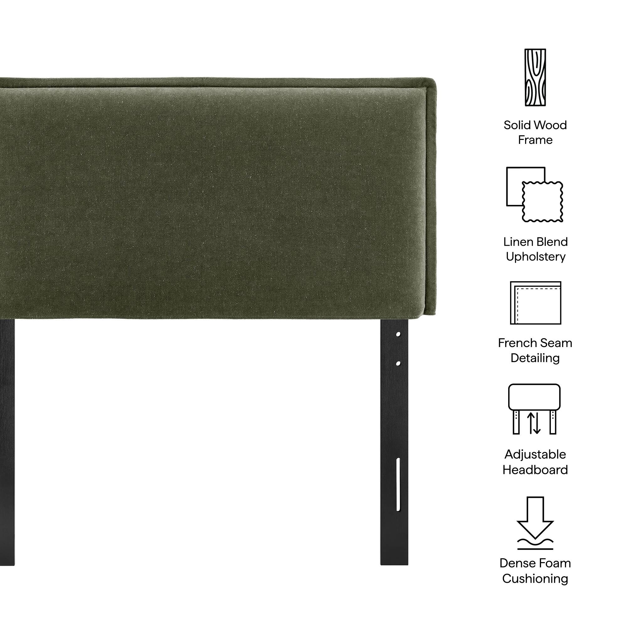Solid Wood Frame  
Linen Blend Upholstery  
French Seam Detailing  
Adjustable Headboard  
Dense Foam Cushioning