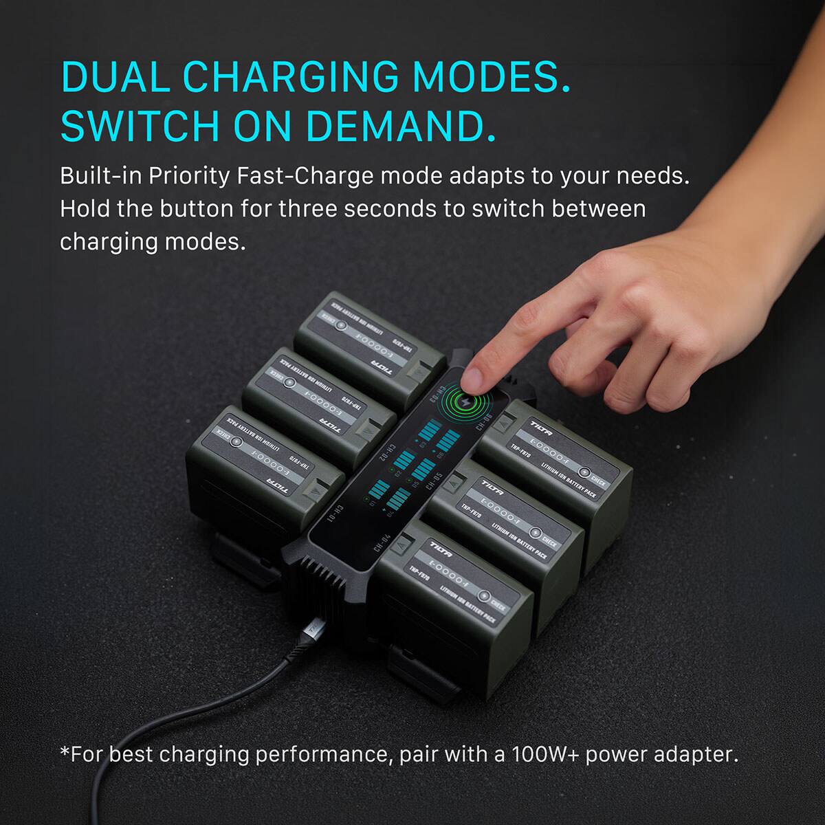 DUAL CHARGING MODES. SWITCH ON DEMAND.  
Built-in Priority Fast-Charge mode adapts to your needs. Hold the button for three seconds to switch between charging modes.  

*For best charging performance, pair with a 100W+ power adapter.