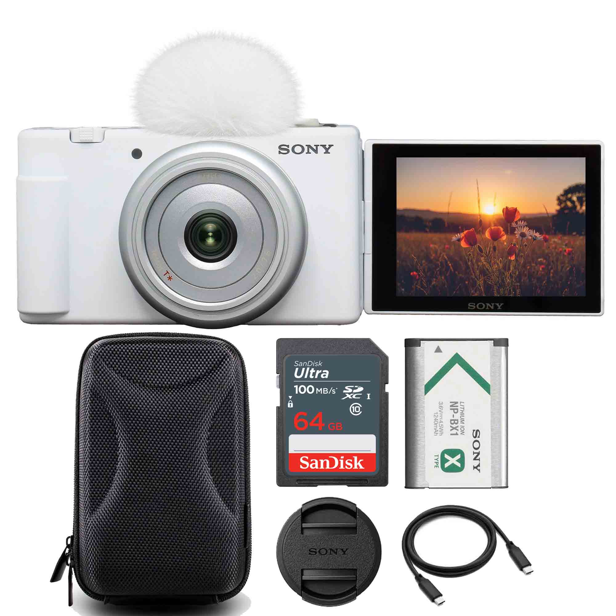 Sony - Vlogging Camera with 64GB SDXC Memory Card and Hard Shell Camera Case - White