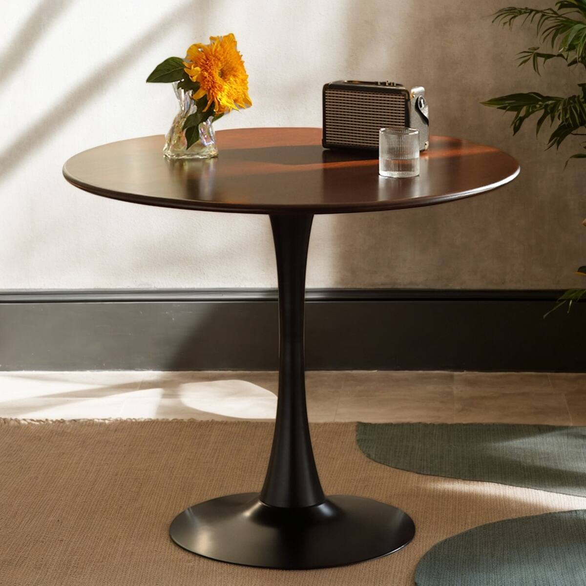 Alt View 10. Loheer - Loheer Walnut Round Dining Table, Mid-Century Modern 24 Inch MDF Top with Metal Pedestal - Walnut.