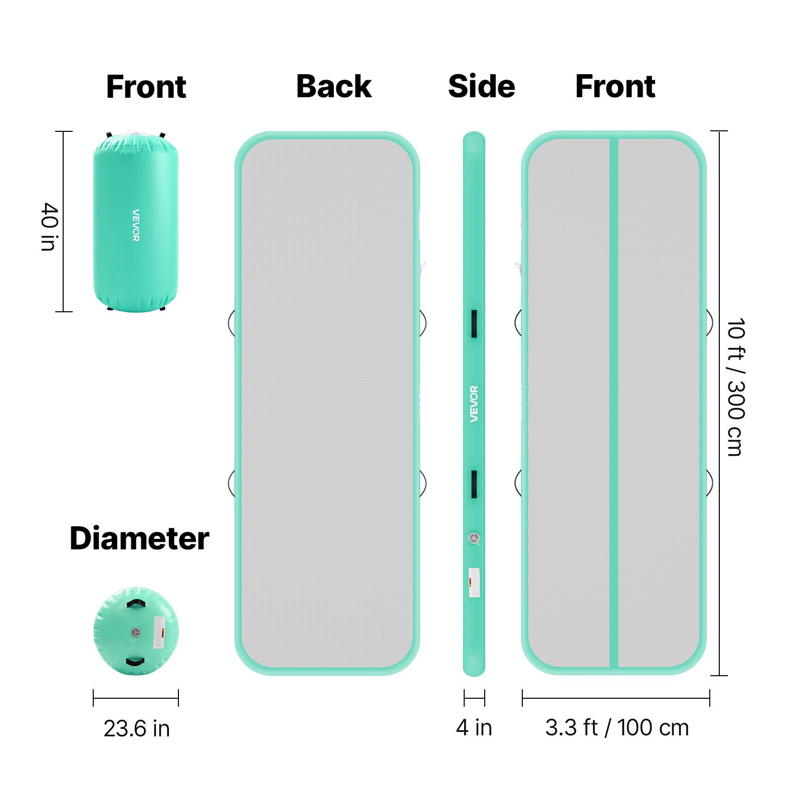 Front: 40 in  
Back: 10 ft / 300 cm  
Side: 3.3 ft / 100 cm  
Diameter: 23.6 in