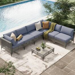 Mondawe - 7-Piece Hollow Steel Seating Set with Waterproof Cushions and Adjustable Feet - Blue+Grey