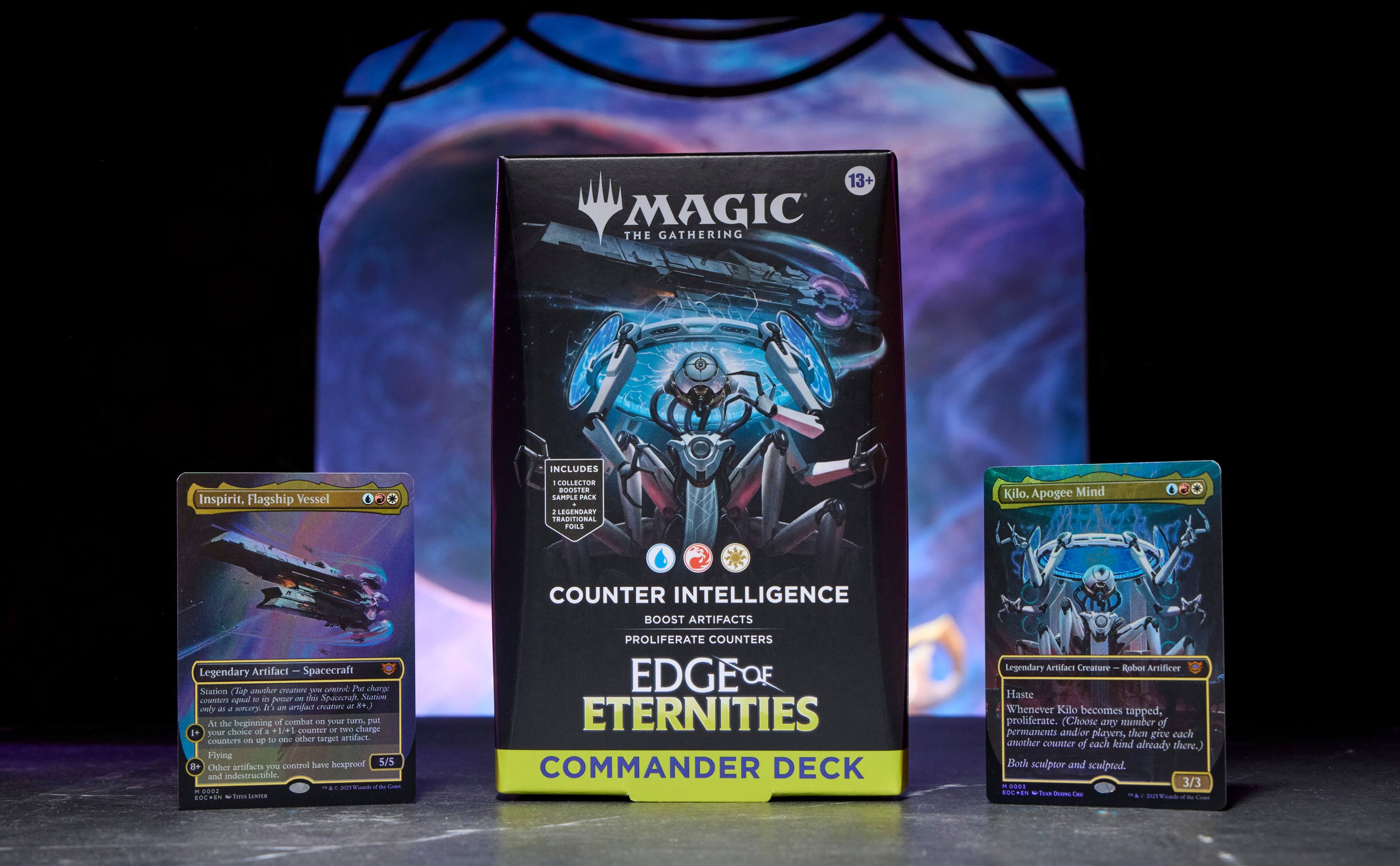 MAGIC THE GATHERING INCLUDES Inspirit, Flagship Vessel 1 COLLECTOR BOOSTER SAMPLE PACK 1 LEGENDARY TRADITIONAL FOILS Kilo. Apogee Mind 4 COUNTER INTELLIGENCE BOOST ARTIFACTS Legendary Artifact Artifact-Spacecraft Station another rre SAM cind. Mal charge Cap egnal B in  de Spucemgl Siatim con JoNT enly  a MPYTY I un aract Te  S+J A the beginning of combat d PU luri pul e your oice of a + S counter D twU charge counters on up  E other tanpel artiflact. Flying control Lave hexpool 5/5 de Other artifacts you and indestructible. + mU Foak a d - . LeS COLTSN - Fes  PROLIFERATE COUNTERS EDGE OF ETERNITIES COMMANDER DECK Legendary Artifact Creature Robot Artificer Haste Whenever Killo becomes tapped, proliferate. Choose ar mumber of permanents andior players, then gite each another comnter of each kind already there.) Both sculpore and sculpted. - 90a 3/3 nREN t Feus - Ca & Joum Tub a - i