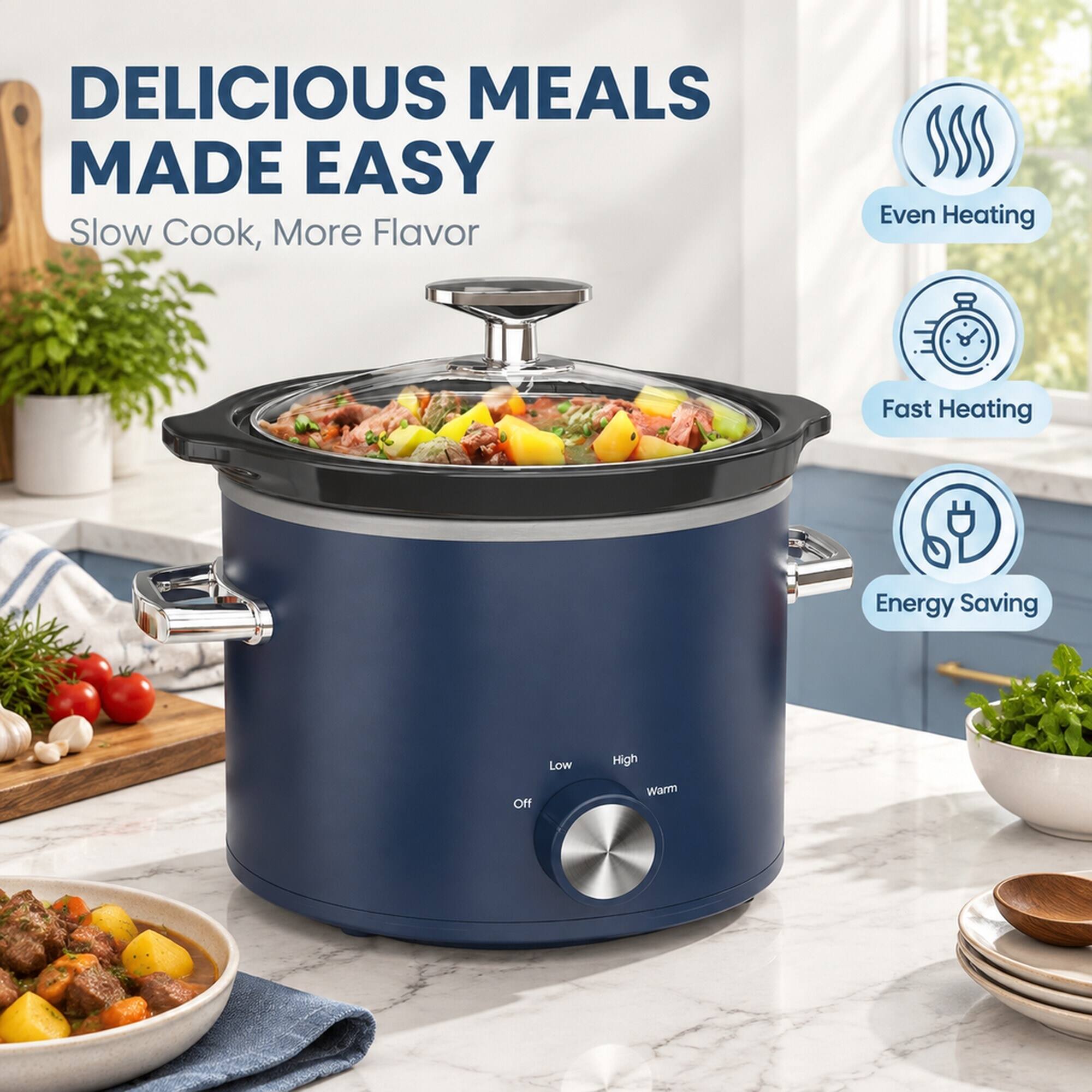 DELICIOUS MEALS MADE EASY  
Slow Cook, More Flavor  

Even Heating  
Fast Heating  
Energy Saving  

Off  
Low  
High  
Warm