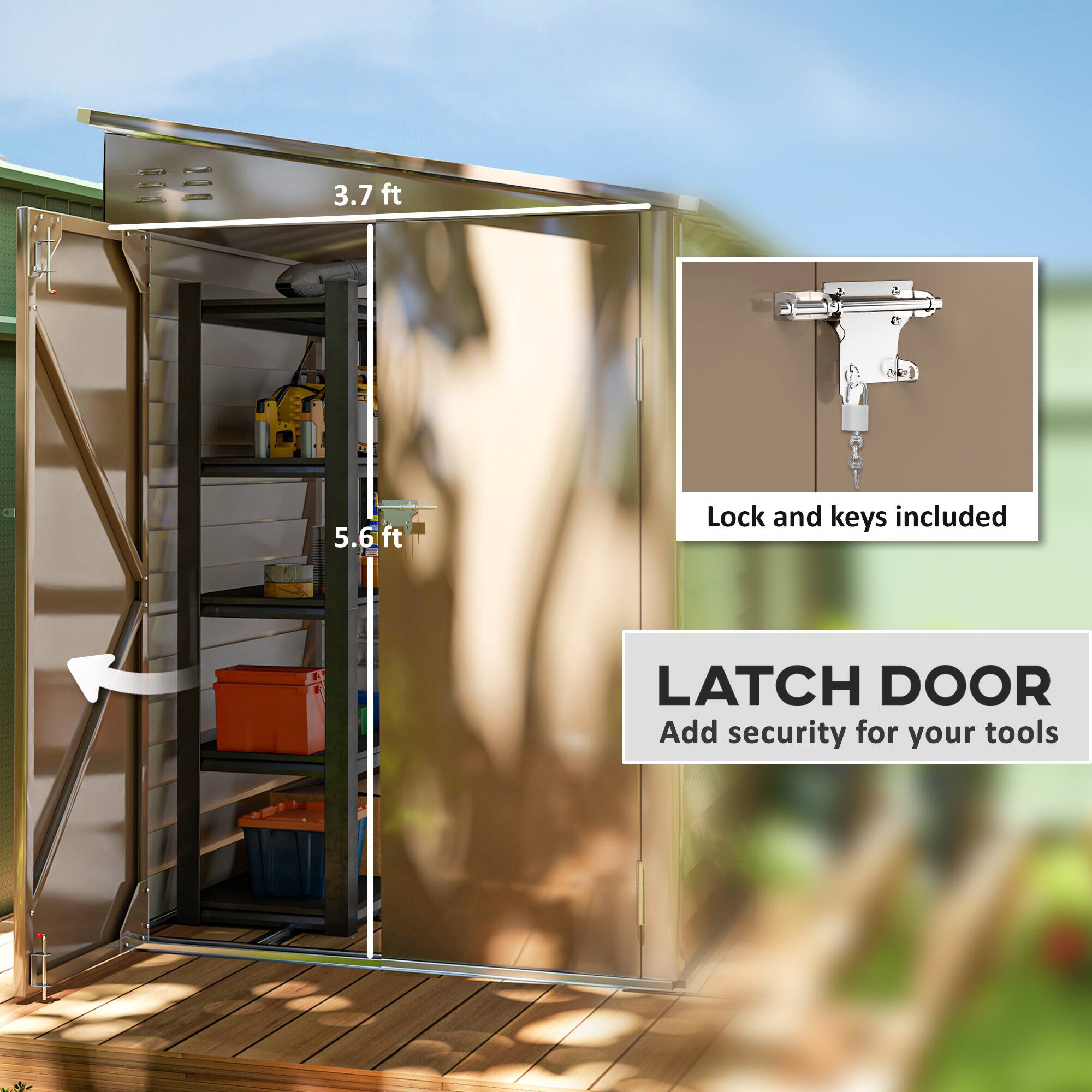 The text on the image reads: "3.7 ft 5.6 ft Lock and keys included LATCH DOOR Add security for your tools."
