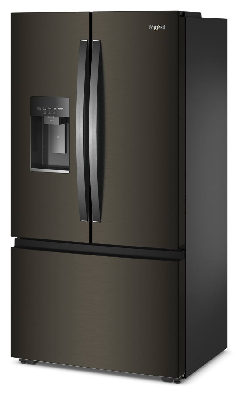 Left. Whirlpool - 23 Cu. Ft. French Door Refrigerator with In-Door Water and Ice - Black Stainless Finish.