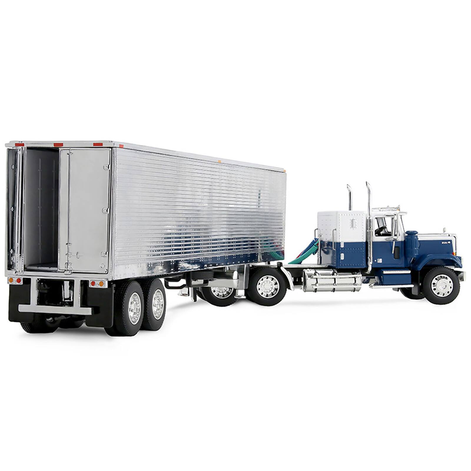 Alt View 4. First Gear - Chevrolet Bison with 34" Flat Top Sleeper & 40' Vintage Trailer with Reefer Blue and White 1/64 by First Gear.