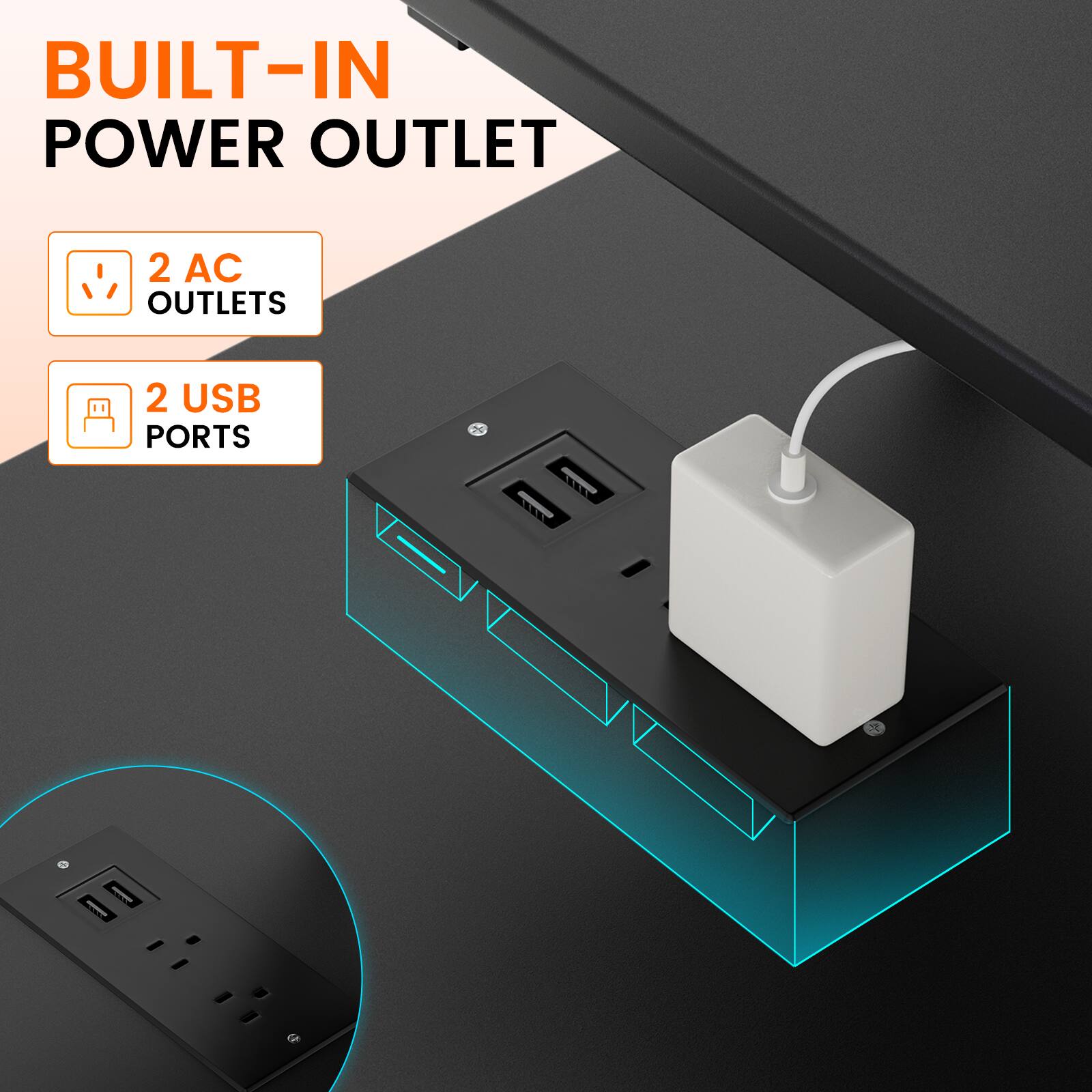 BUILT-IN POWER OUTLET  
2 AC OUTLETS  
2 USB PORTS