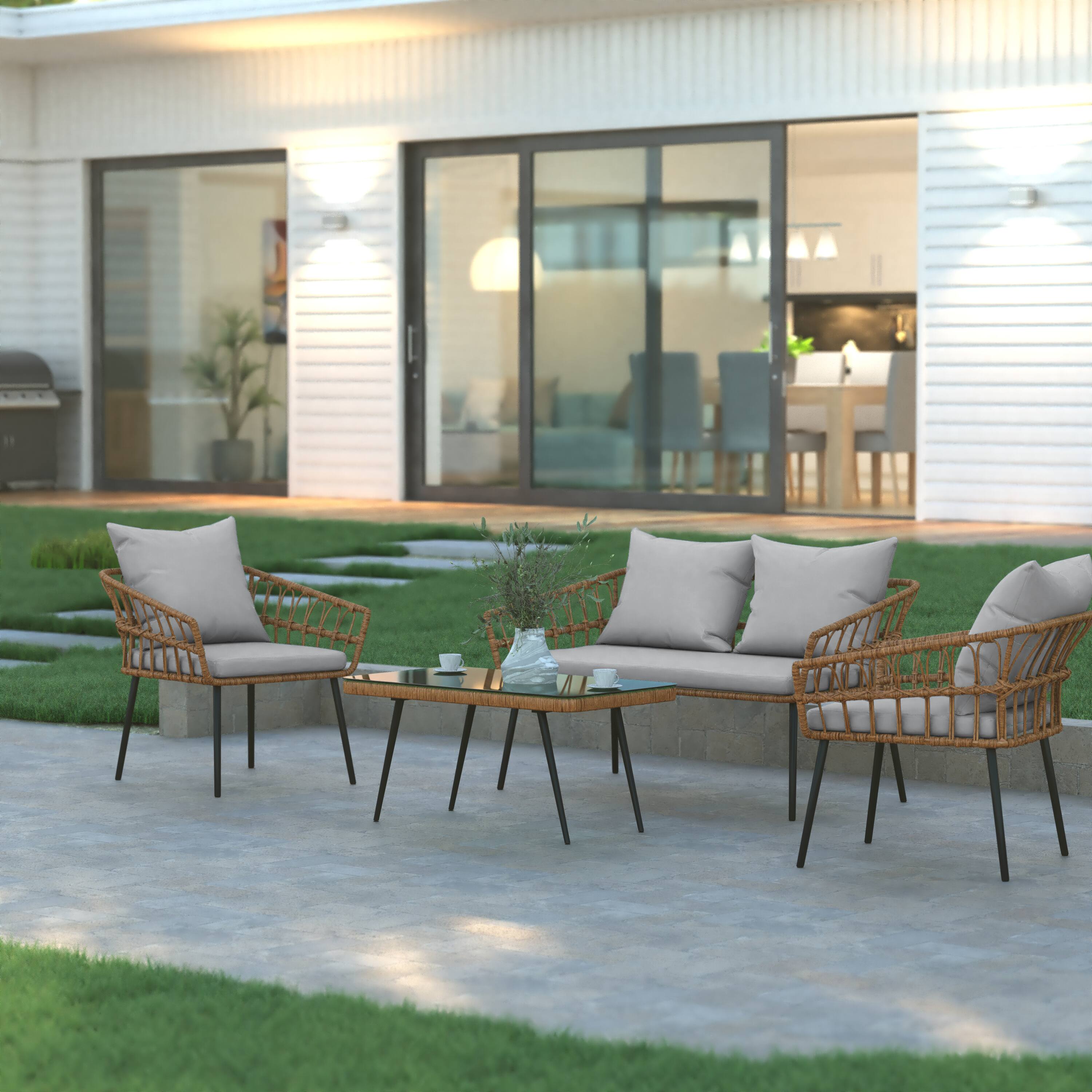 Alt View 3. Emma + Oliver - 4PC Rattan Patio Set with Two Chairs, Loveseat, Table & Cushions - Gray Cushions/Natural Frame.