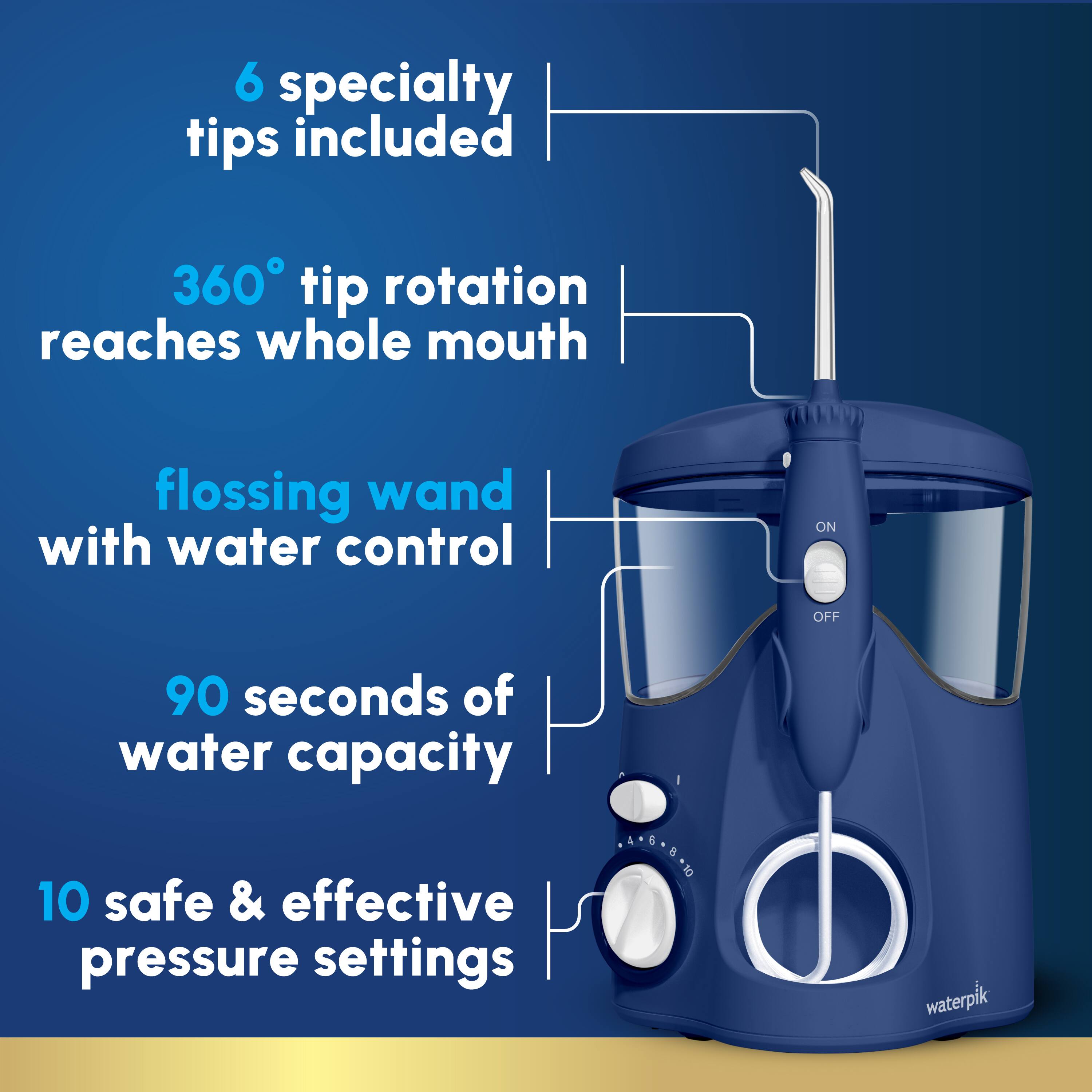 The text on the image is grouped as follows:
1. 6 specialty tips included
2. 360 tip rotation reaches whole mouth
3. Flossing wand with water control (ON/OFF)
4. 90 seconds of water capacity
5. 10 safe & effective pressure settings
6. AB8 waterpik