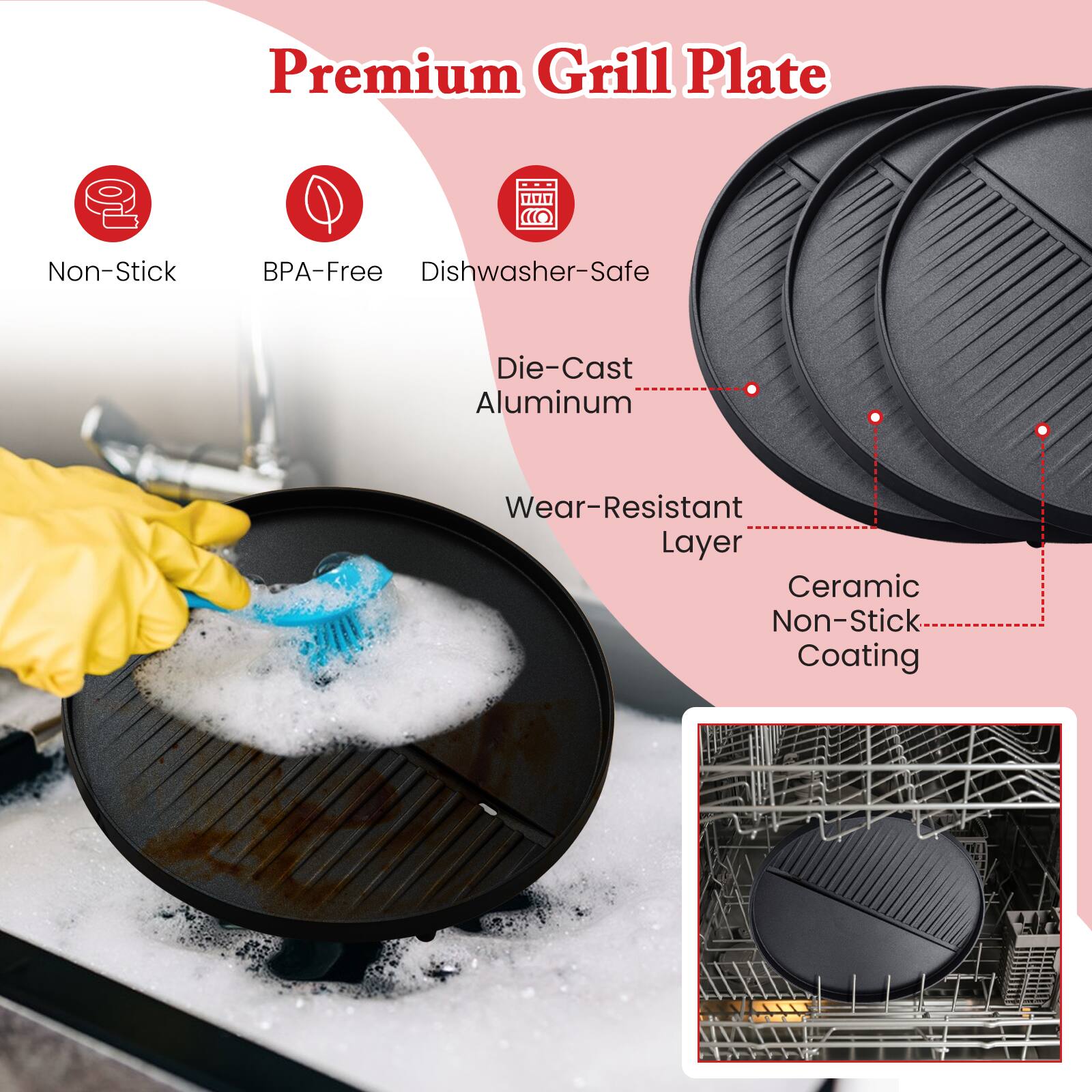 Premium Grill Plate

- Non-Stick
- BPA-Free
- Dishwasher-Safe
- Die-Cast Aluminum
- Wear-Resistant Layer
- Ceramic Non-Stick Coating