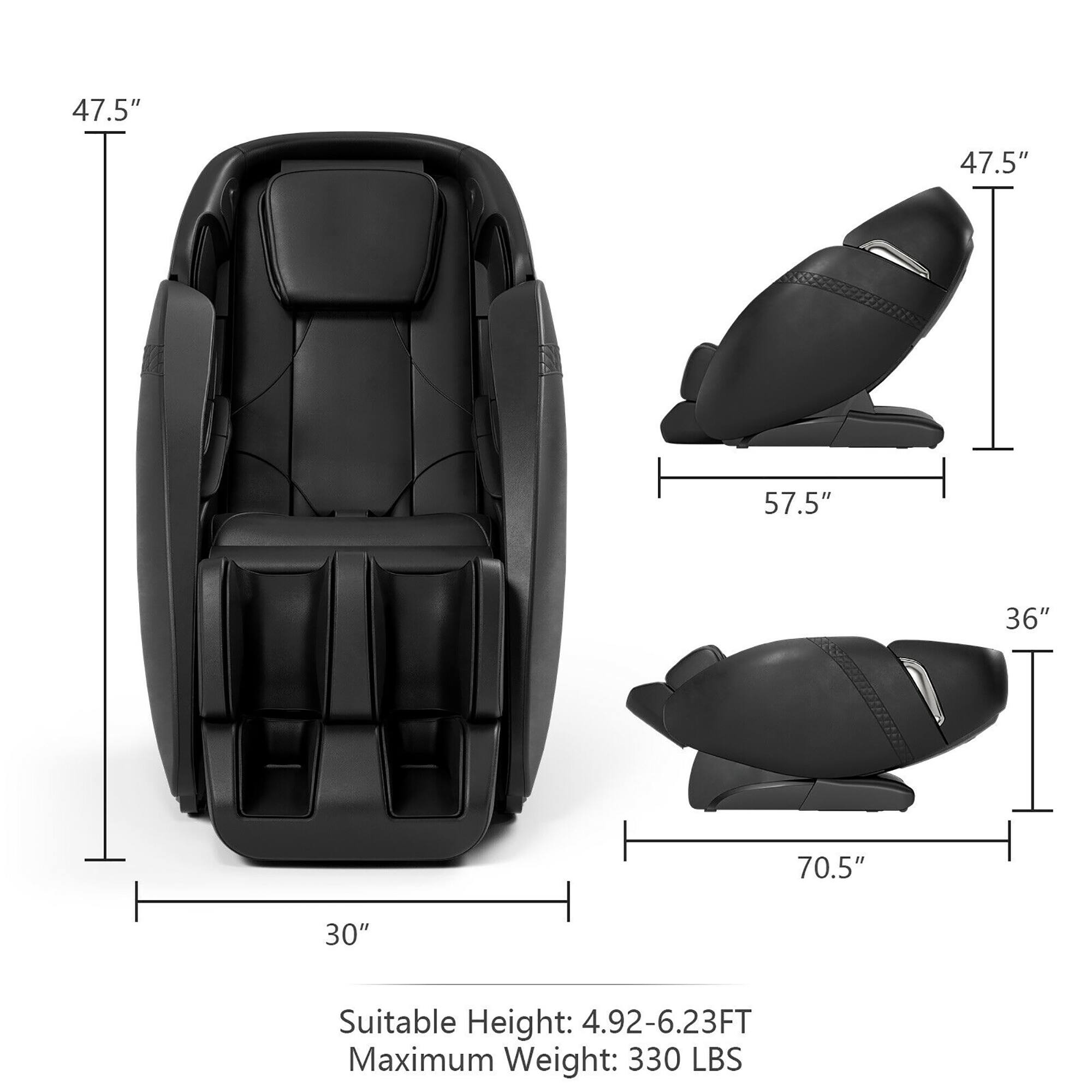 The text on the image is already grouped and correctly formatted. The text reads: "47.5" 47.5" 57.5" 36" 70.5" 30" Suitable Height: 4.92-6.23FT Maximum Weight: 330 LBS."