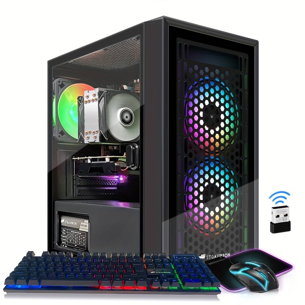 STGAubron - Gaming PC Desktop Computer, Intel i7 Xeon E5 3.0Ghz, Radeon RX 550 4G, 16GB RAM, 512GB SSD, Windows 11 Home - Black