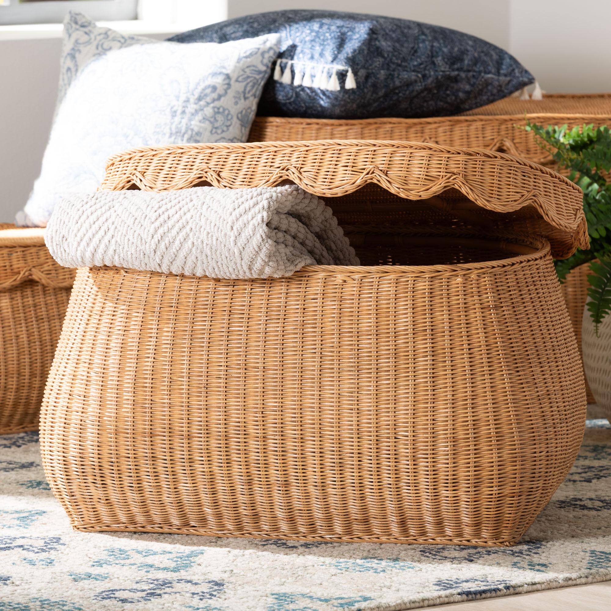 Alt View 4. bali & pari - Ayleen Natural Rattan Basket with Scalloped Lid – Handwoven Wicker Storage Box, Boho Coastal Home Décor, Medium - Light Honey.
