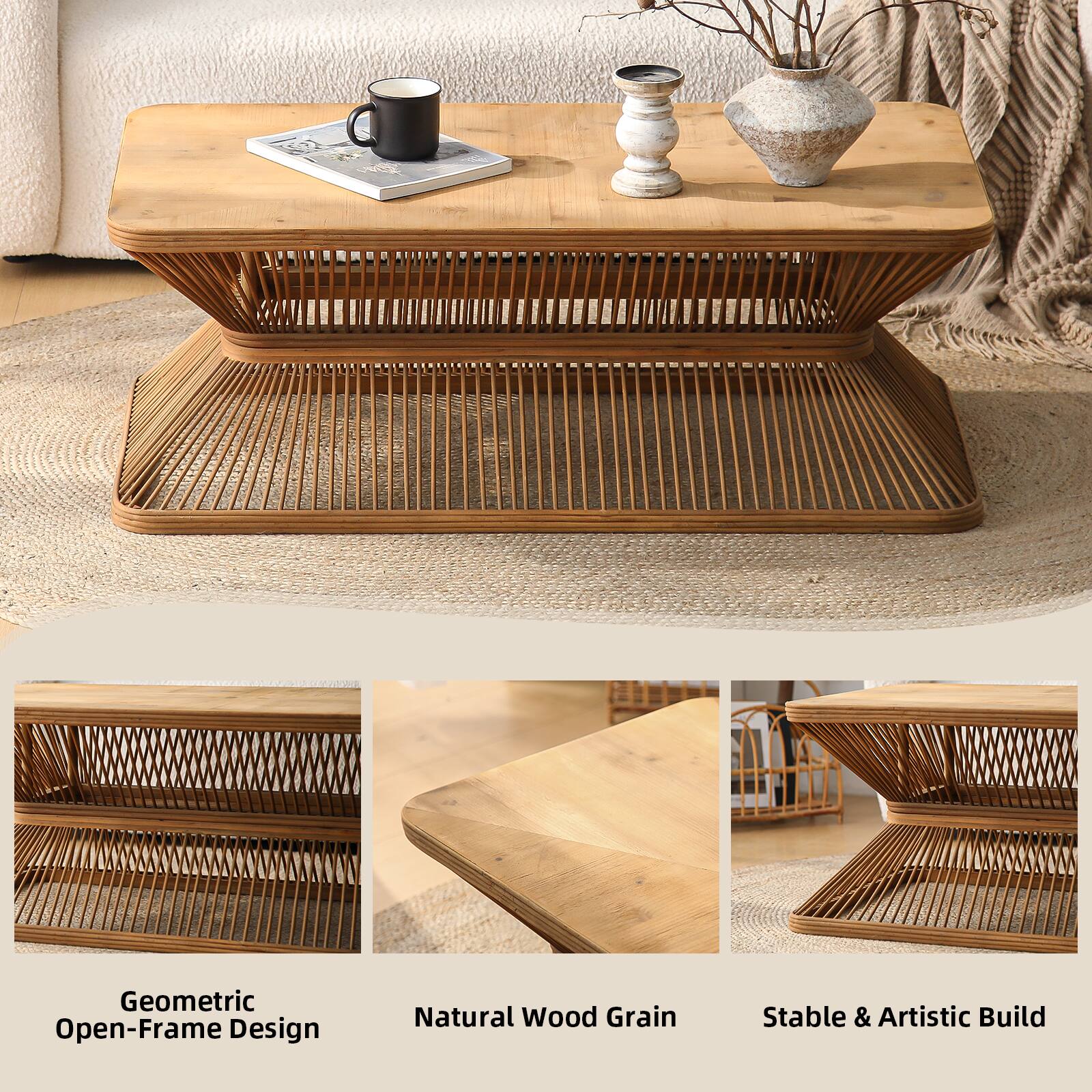 Geometric Open-Frame Design  
Natural Wood Grain  
Stable & Artistic Build