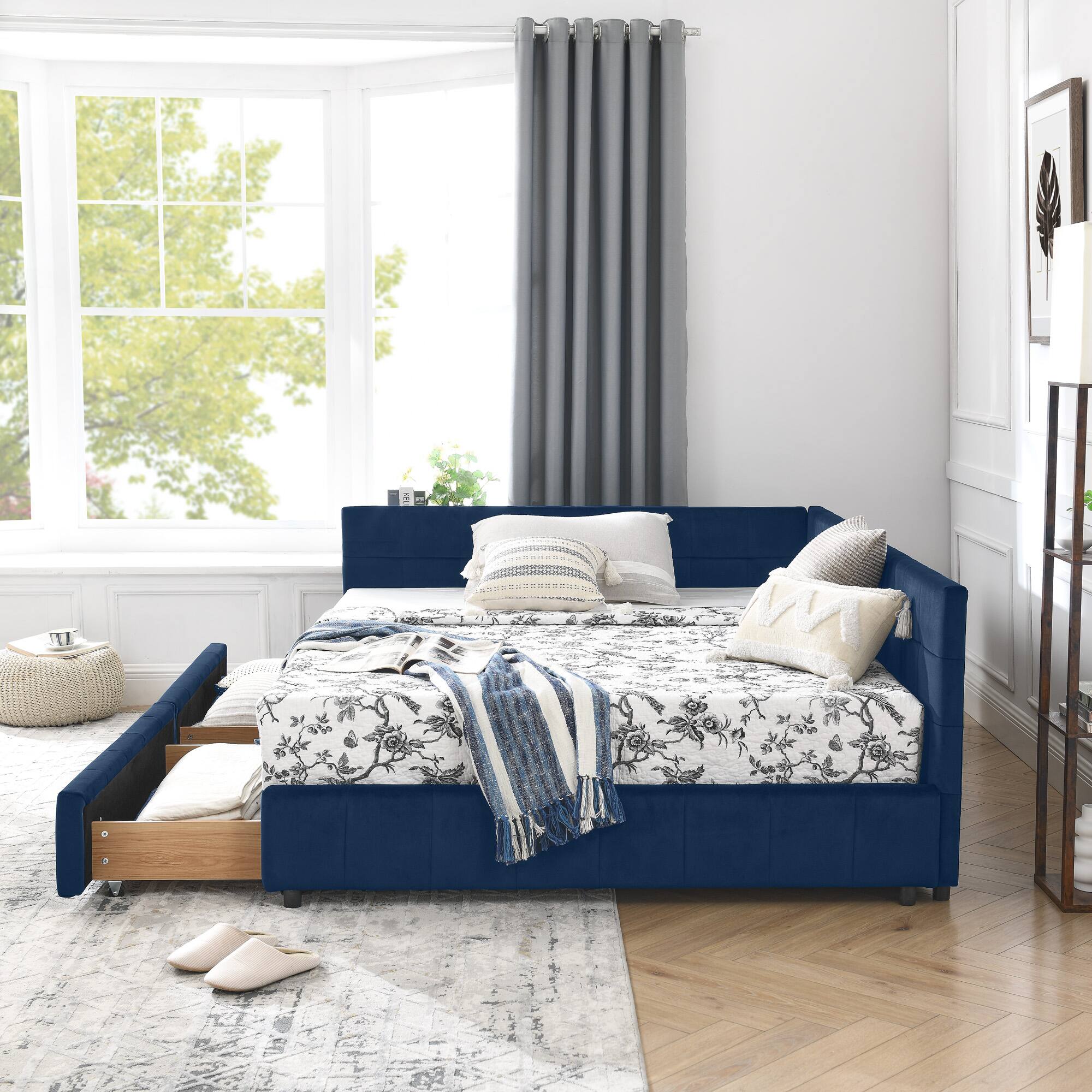 Back. Anysun - Full Size Velvet Tufted Storage Bed Frame - Sofa Bed with Backrest & Armrests for Bedroom or Living Room - Blue.