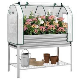 PULUZ - Galvanised Raised Garden Bed with Greenhouse Cover, Metal Elevated Garden Bed with Bed Liner, Bottom Shelf - Silver