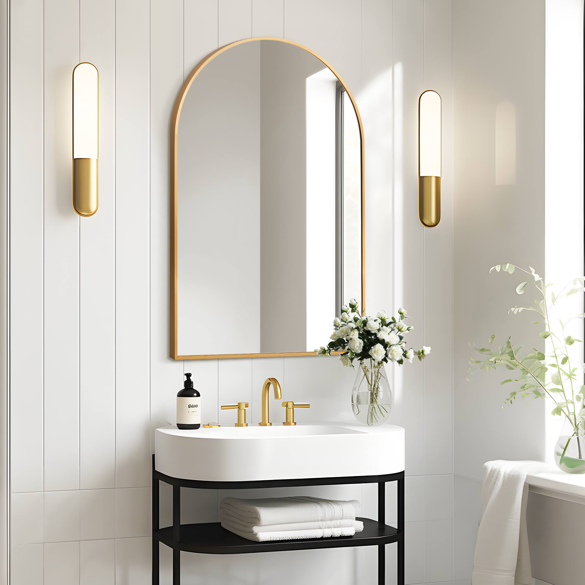Alt View 1. Lirago - 36" x 24" Arched Hanging Bathroom Mirror with Gold Scratch-Resistant Aluminum Alloy Frame - Gold.