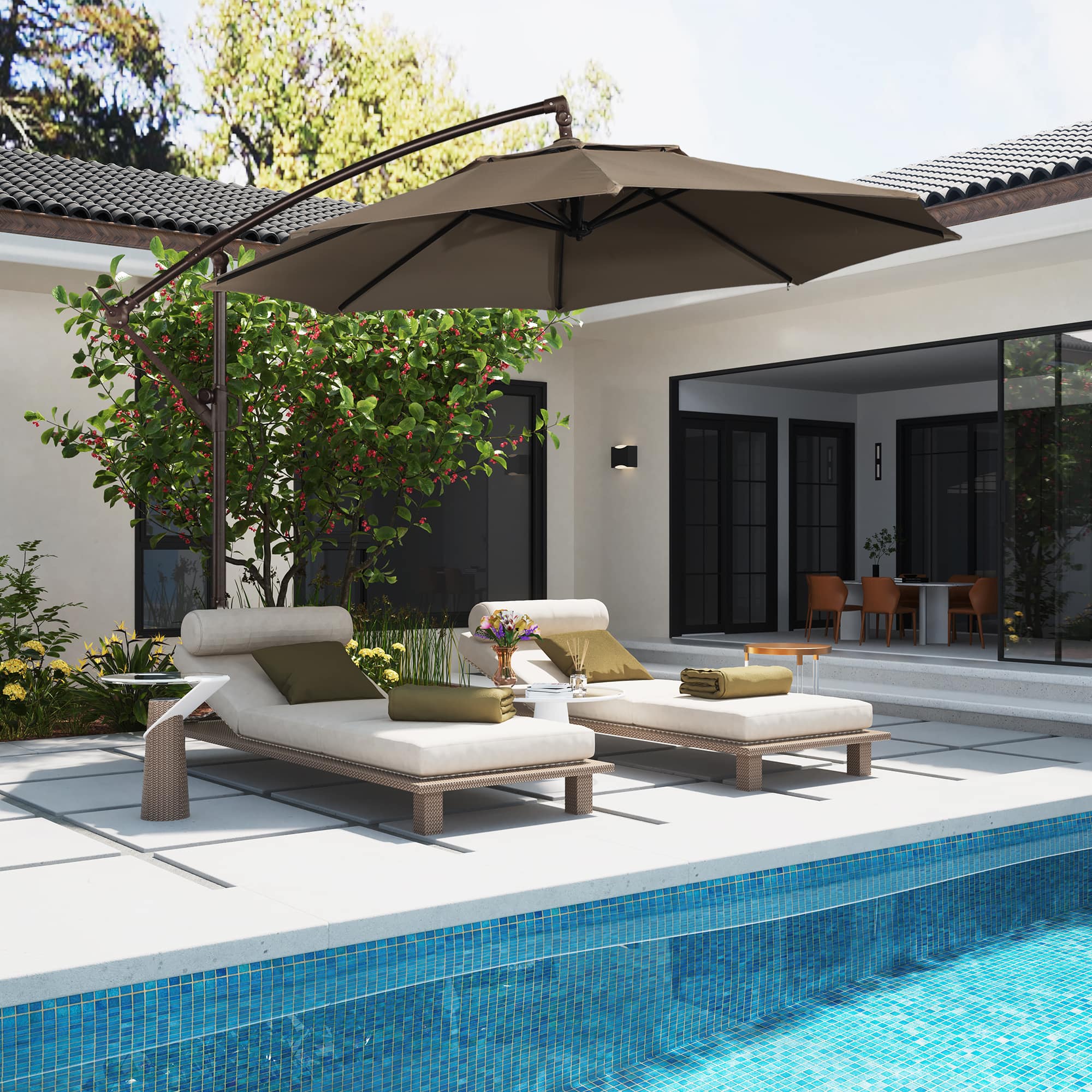 Mondawe - 10ft Offset Patio Cantilever Umbrella with Easy Tilt & Crank 360°Rotate - Tan