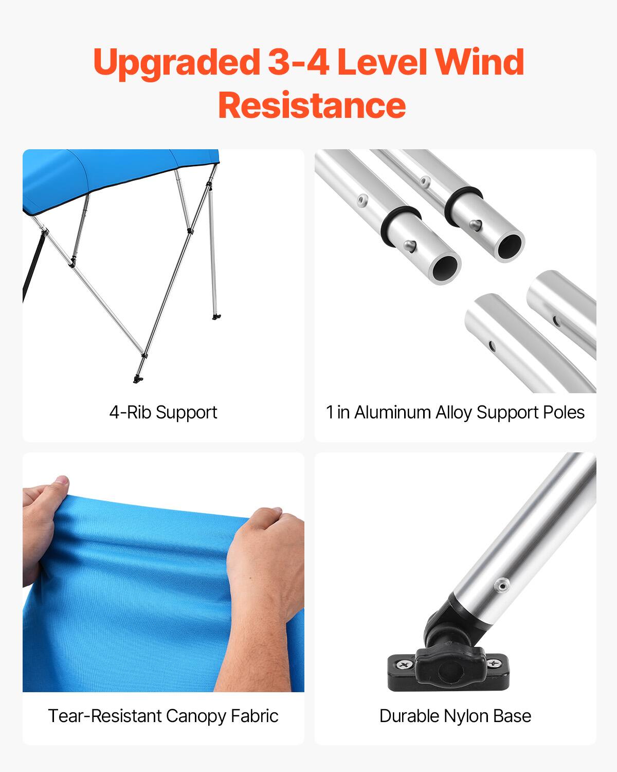 Upgraded 3-4 Level Wind Resistance

4-Rib Support

1 in Aluminum Alloy Support Poles

Tear-Resistant Canopy Fabric

Durable Nylon Base