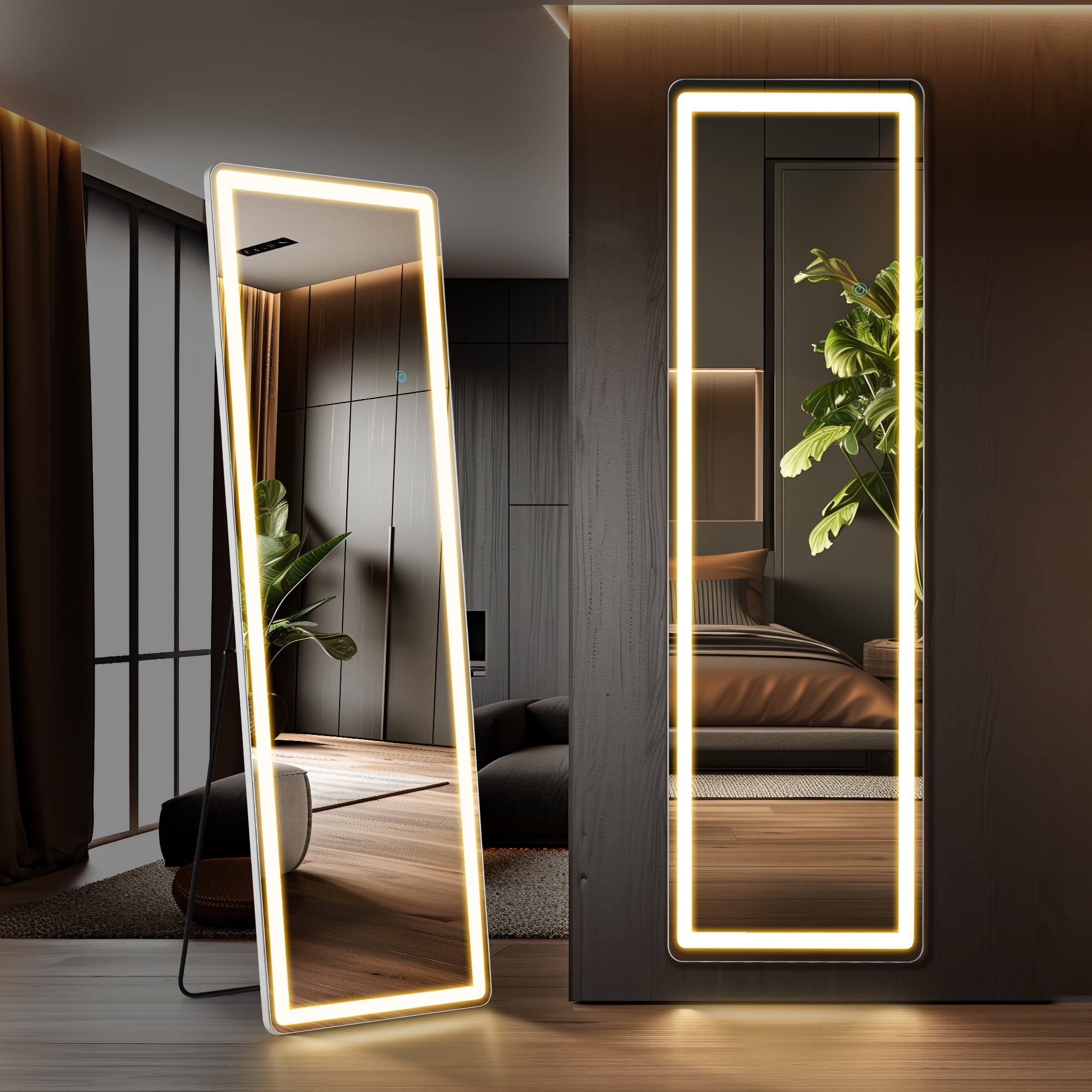 DOMETOUR - 16"x60" Full Length Mirror with LED Lights, Lighted Floor Standing Mirror with Stand