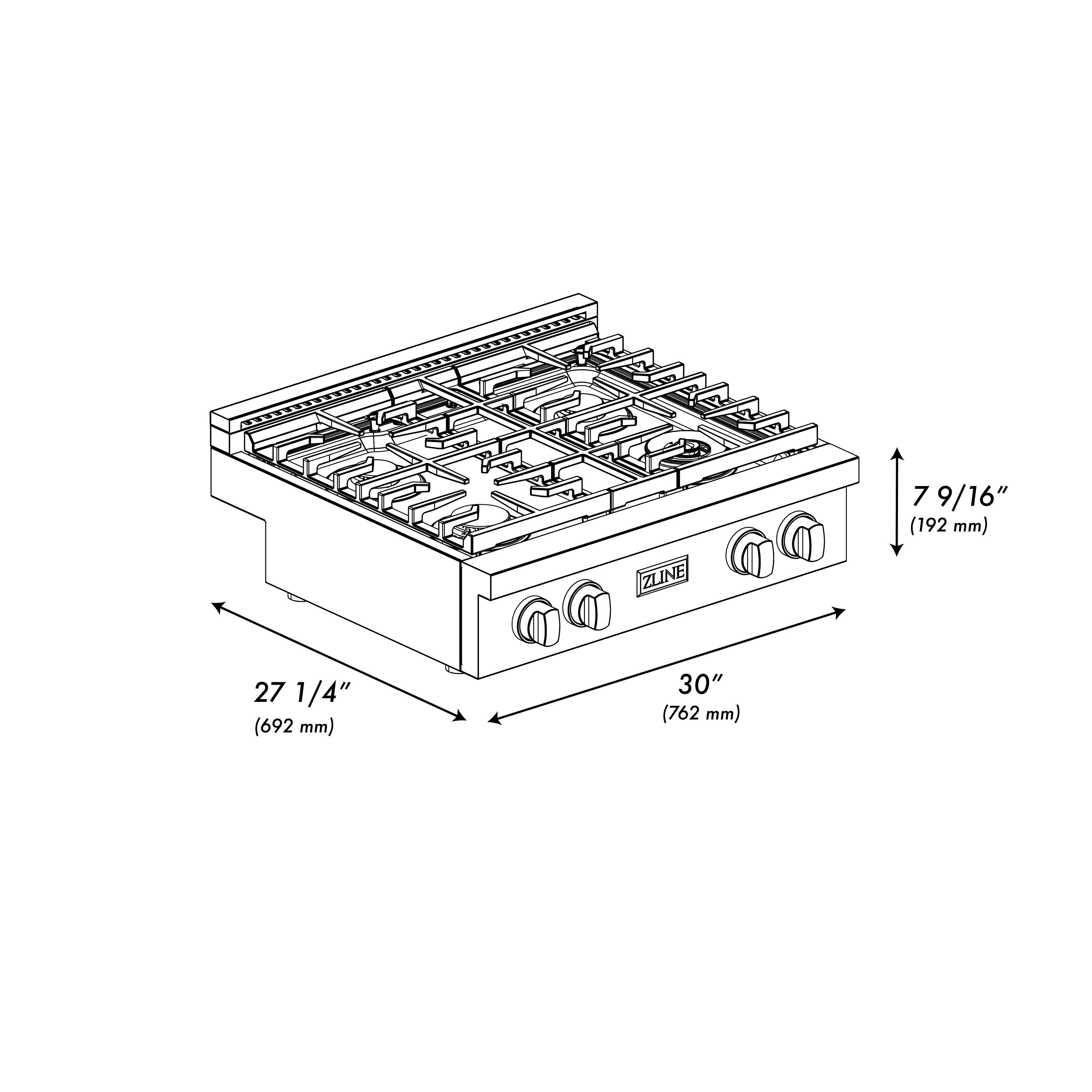 The image shows a drawing of a stove top with a 7 9/16" (192 mm) measurement. The stove top also has a 27 1/4" (692 mm) measurement. Additionally, there is a 30" (762 mm) measurement on the stove top.
