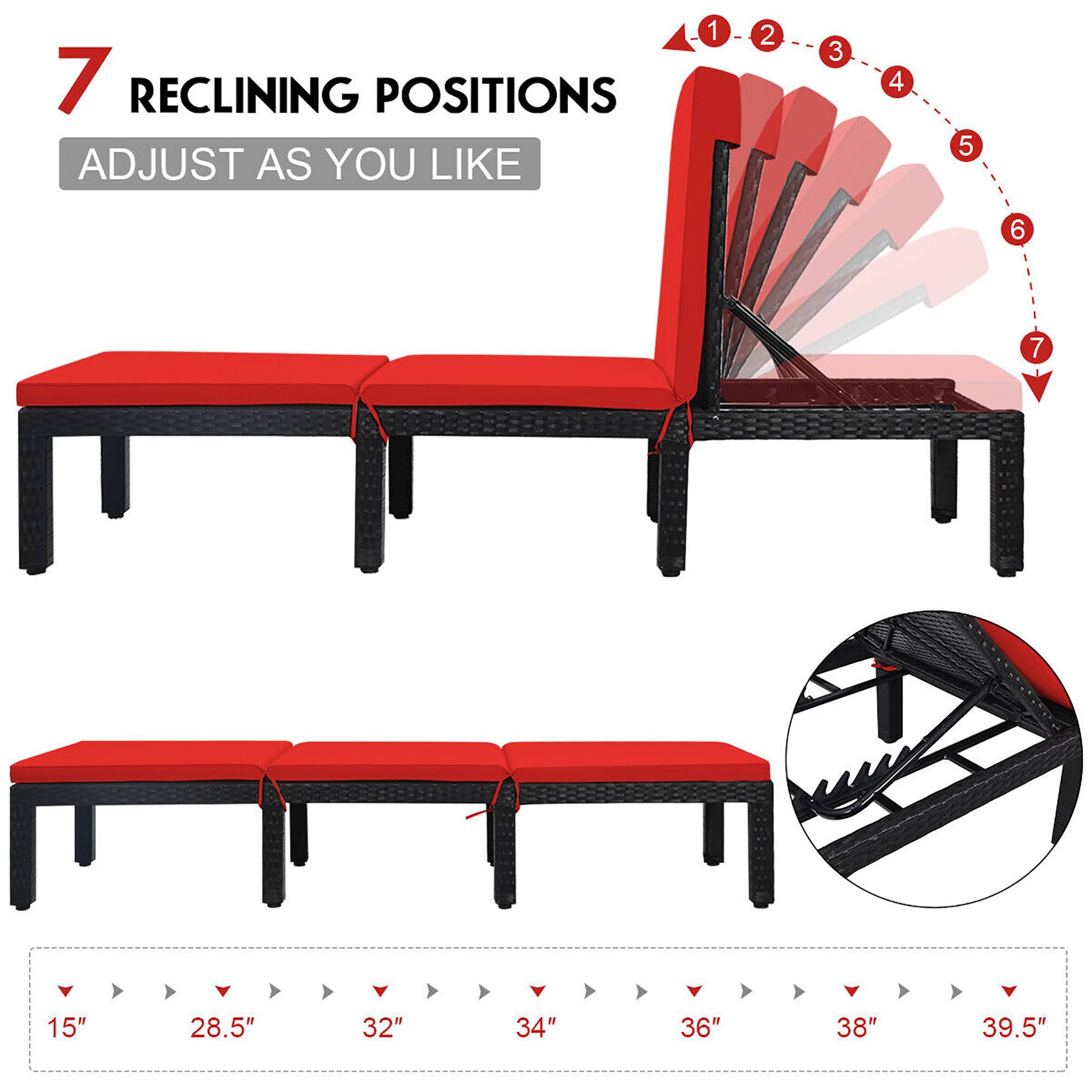 7 RECLINING POSITIONS ADJUST AS YOU LIKE 1 2 3 4 5 6 7 15" 28.5" 32" 34" 36" 38" 39.5"