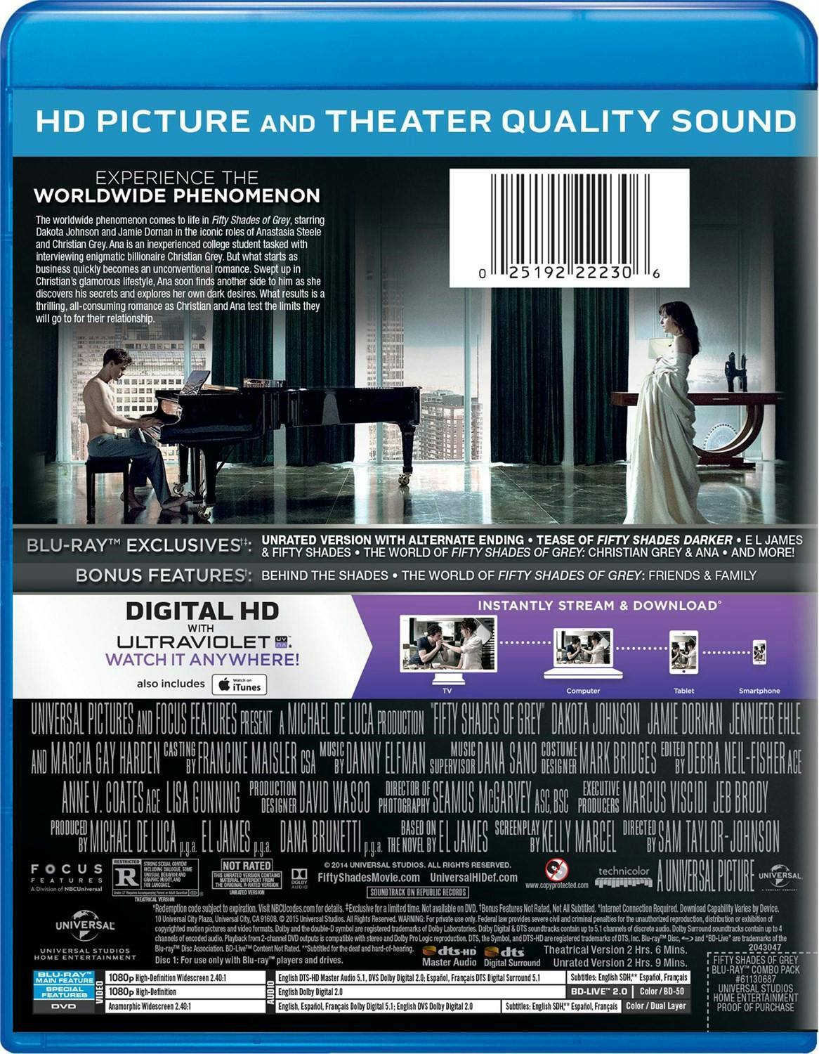 Back. Fifty Shades of Grey (Unrated Edition DVD + Digital) [Blu-ray].