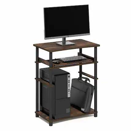 Front. Furinno - HOME Desk, Gaming Desk with Keyboard Tray, Open Shelf Computer Desk, for Home Office, Study Room, Dorm, Bedroom - Amber Pine/Black.