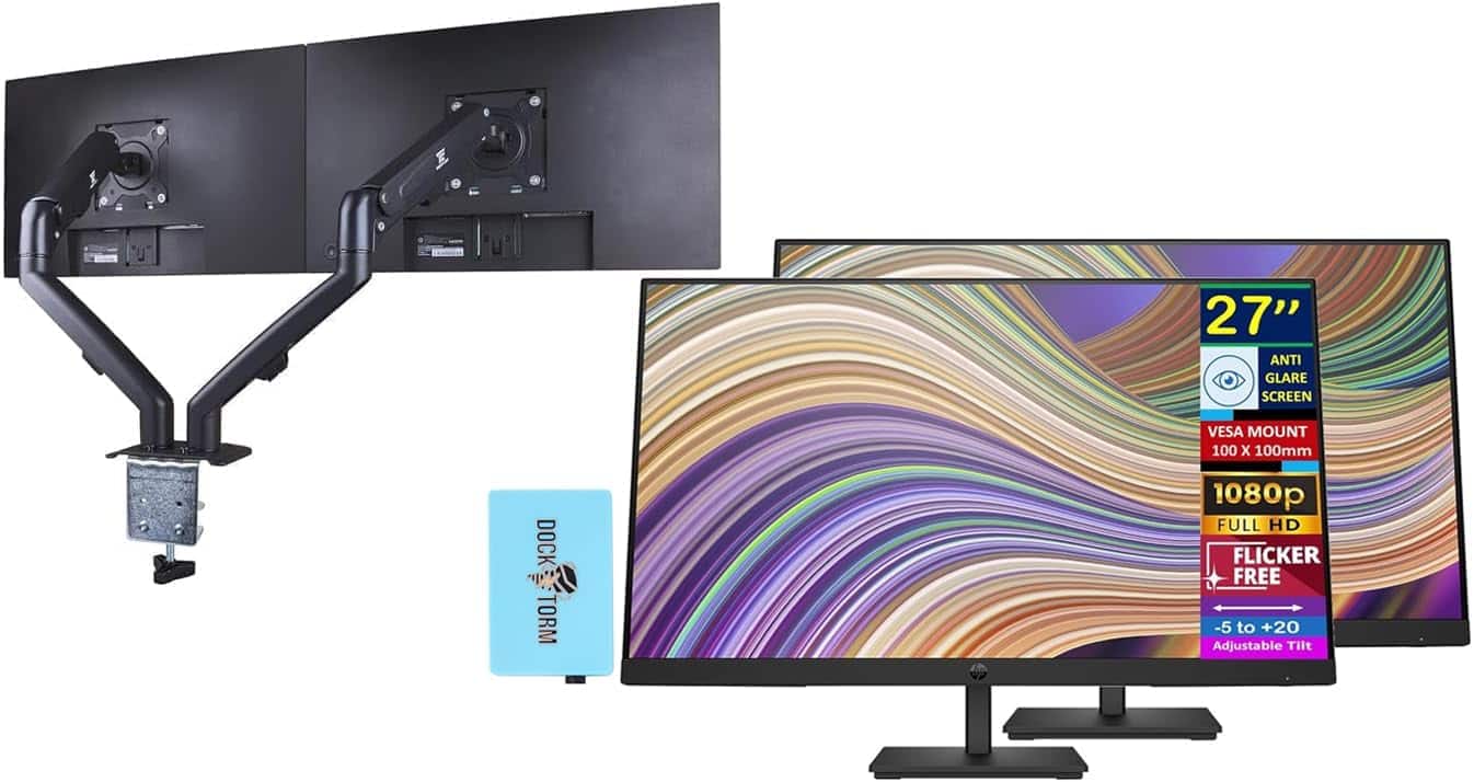 HP - P27 G5 27" FHD Monitor, Anti-Glare, Flicker Free, (64X69AA#ABA) 2 Pack w/DKZ Hub & Ergoflexy Dual Mount Arm - Black