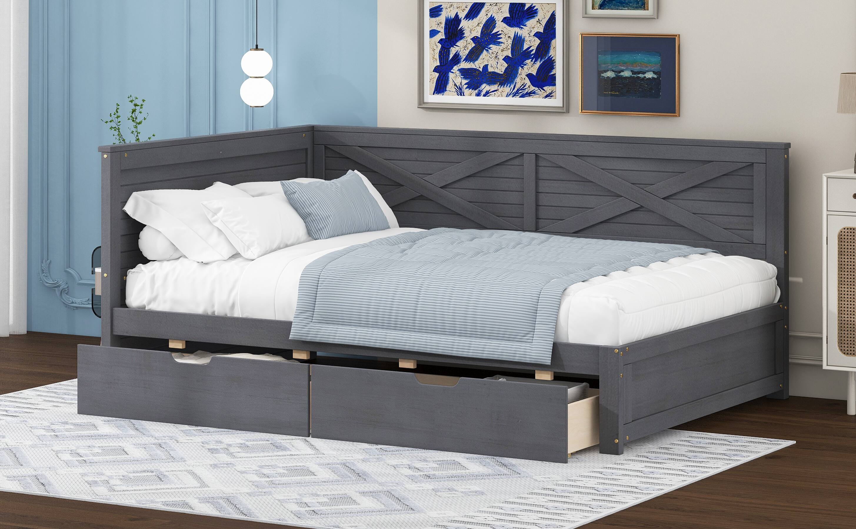 Alt View 5. Tiramisubest - Twin Size Wood Daybed with 2 Drawers and Rustic Guardrail, Ancient Grey - Grey.
