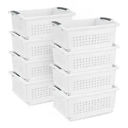 Sterilite - Large Stacking Basket, Open Top Storage Bin w/ Handles, 8 Pack, White