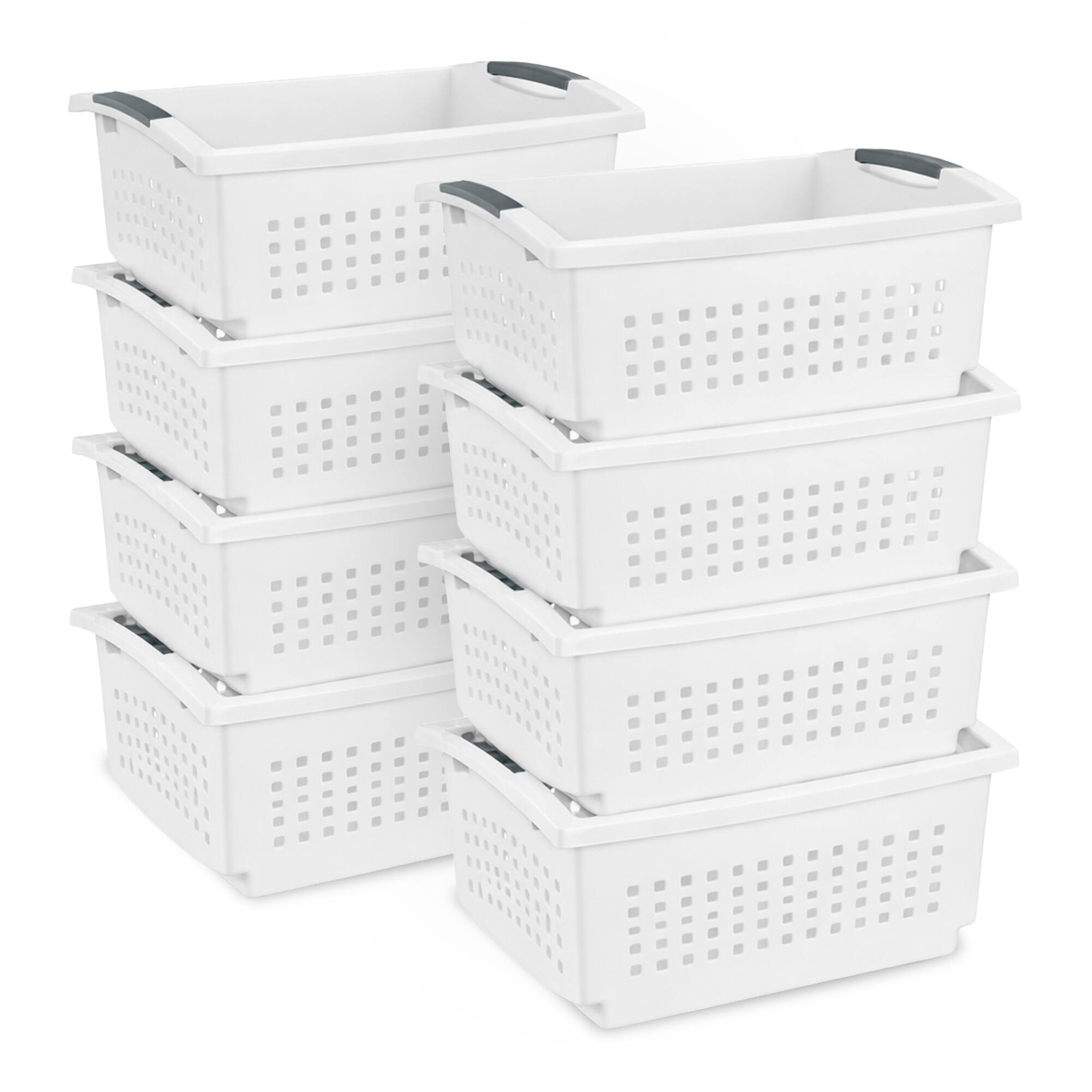 Front. Sterilite - Sterilite Large Stacking Basket, Open Top Storage Bin w/ Handles, 8 Pack, White.