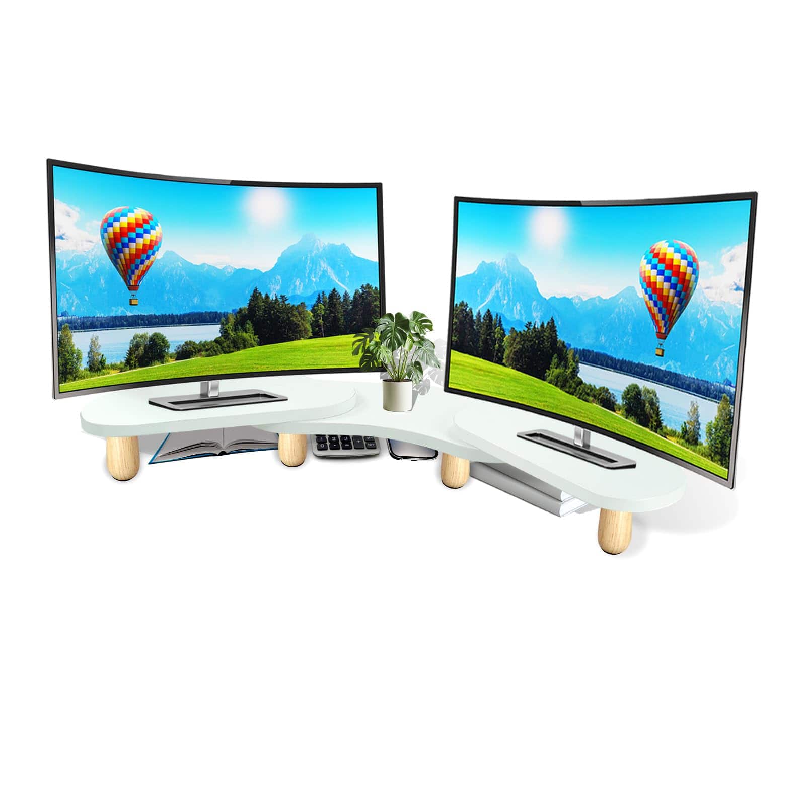 ThinkLink Electronic - Dual Monitor Stand Riser Adjustable Length Swivel Angle Wooden Desktop Organizer Laptop Printer Desk - White Dual