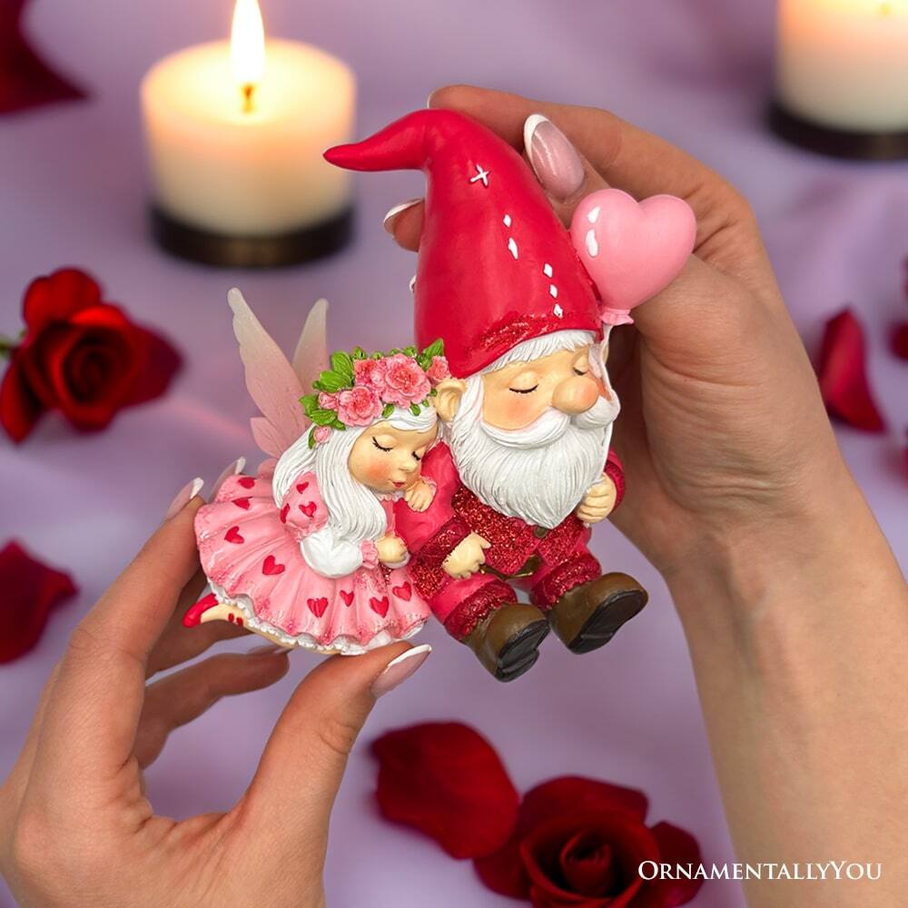 Back. OrnamentallyYou - Whimsical Love Story Gnome Couple Small Figurine, 4" Cute and Small Valentine's Day Gift Mini Statue - Pink.