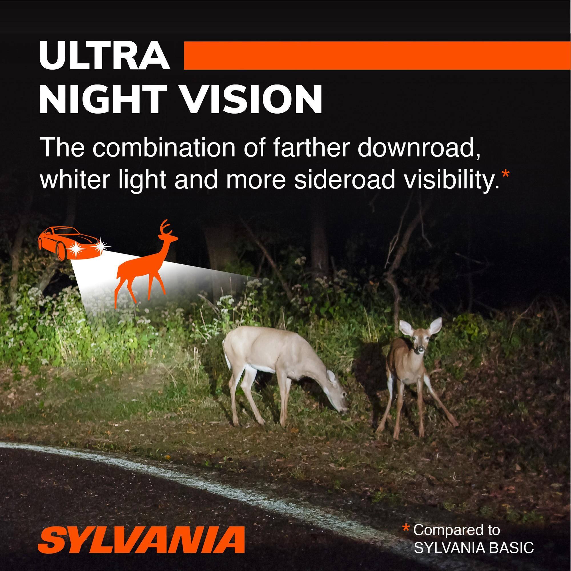 ULTRA NIGHT VISION  
The combination of farther downroad, whiter light and more sideroad visibility.  
SYLVANIA  
*Compared to SYLVANIA BASIC