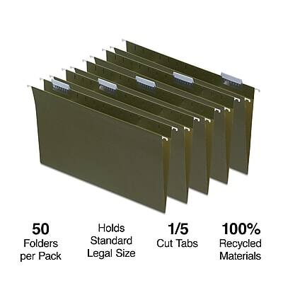 50 Folders per Pack  
Holds Standard Legal Size  
1/5 Cut Tabs  
100% Recycled Materials