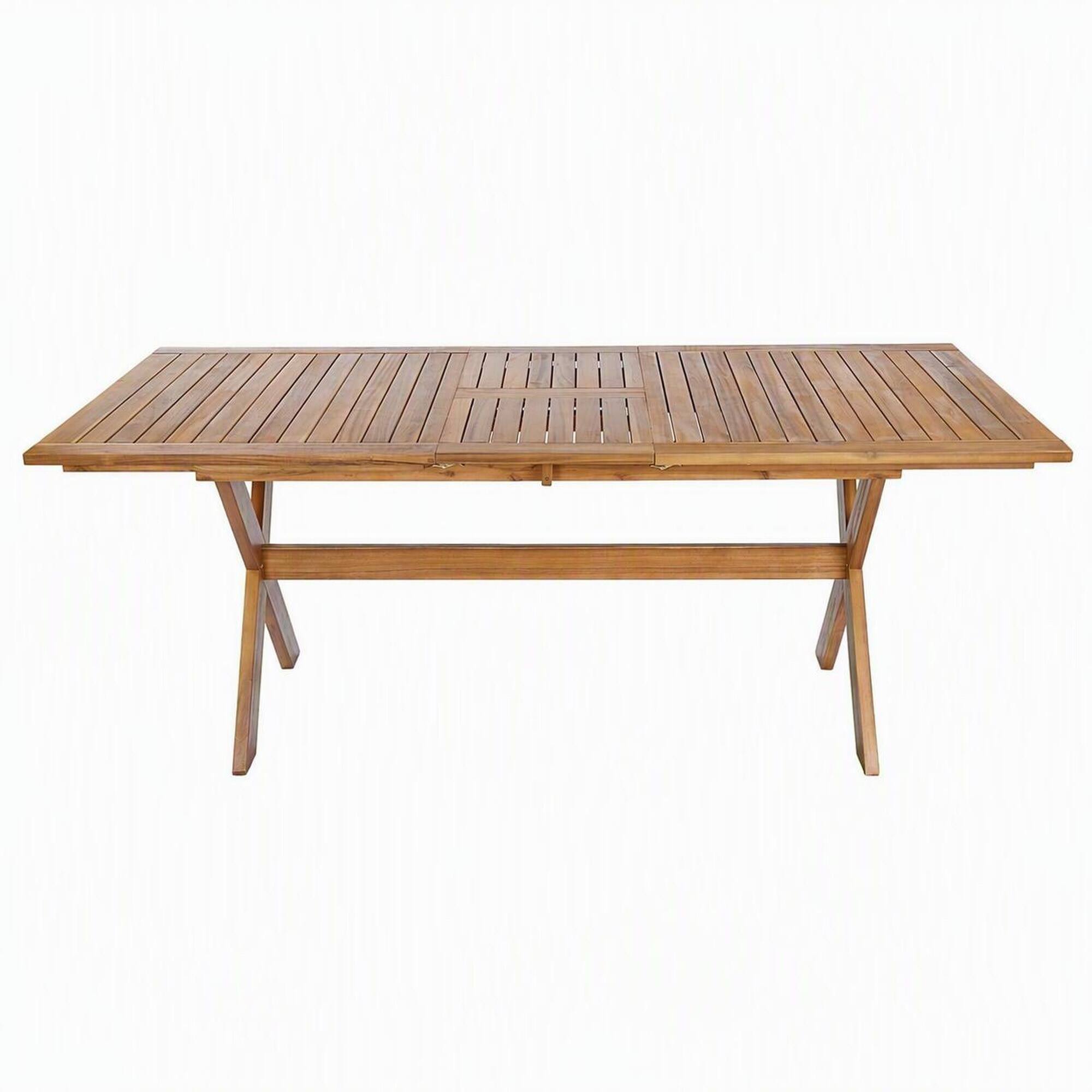 Front. RYHNUYNE - 60"-76" Outdoor Extendable Dining Table, Solid Acacia Wood X-Leg Patio Table for Backyard Garden Deck, Natural Finish - Teak.