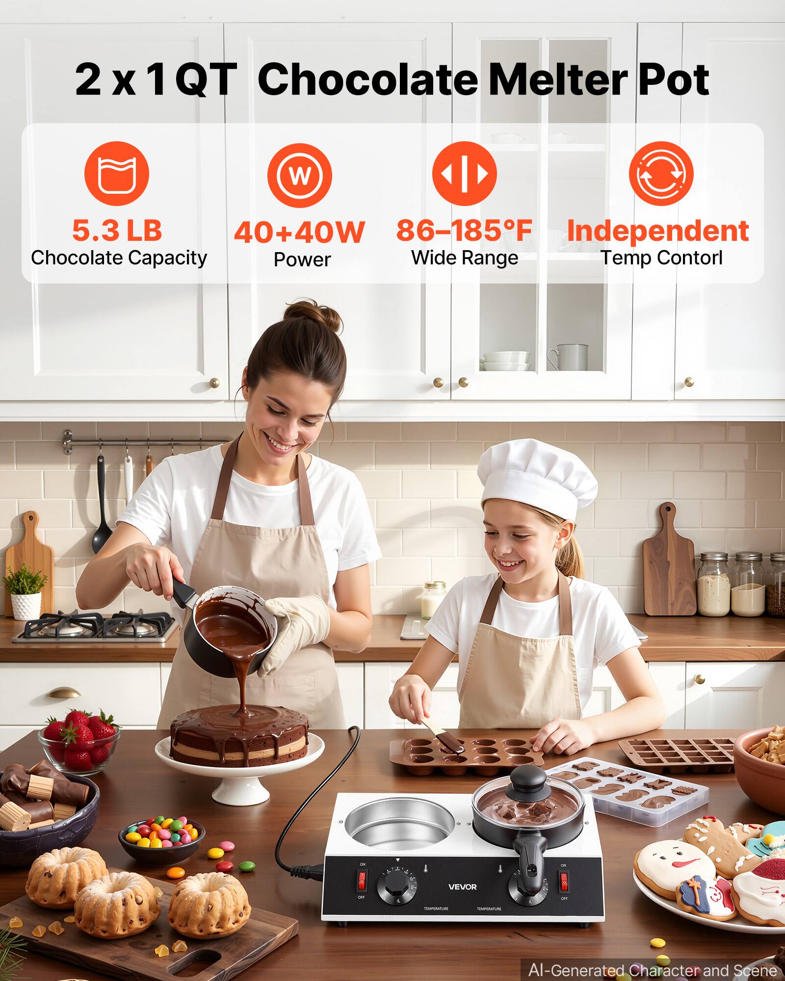 2 x 1 QT Chocolate Melter Pot

- 5.3 LB Chocolate Capacity
- 40+40W Power
- 86-185°F Wide Range Temp Control
- Independent Temp Control

VEVOR

AI-Generated Character and Scene