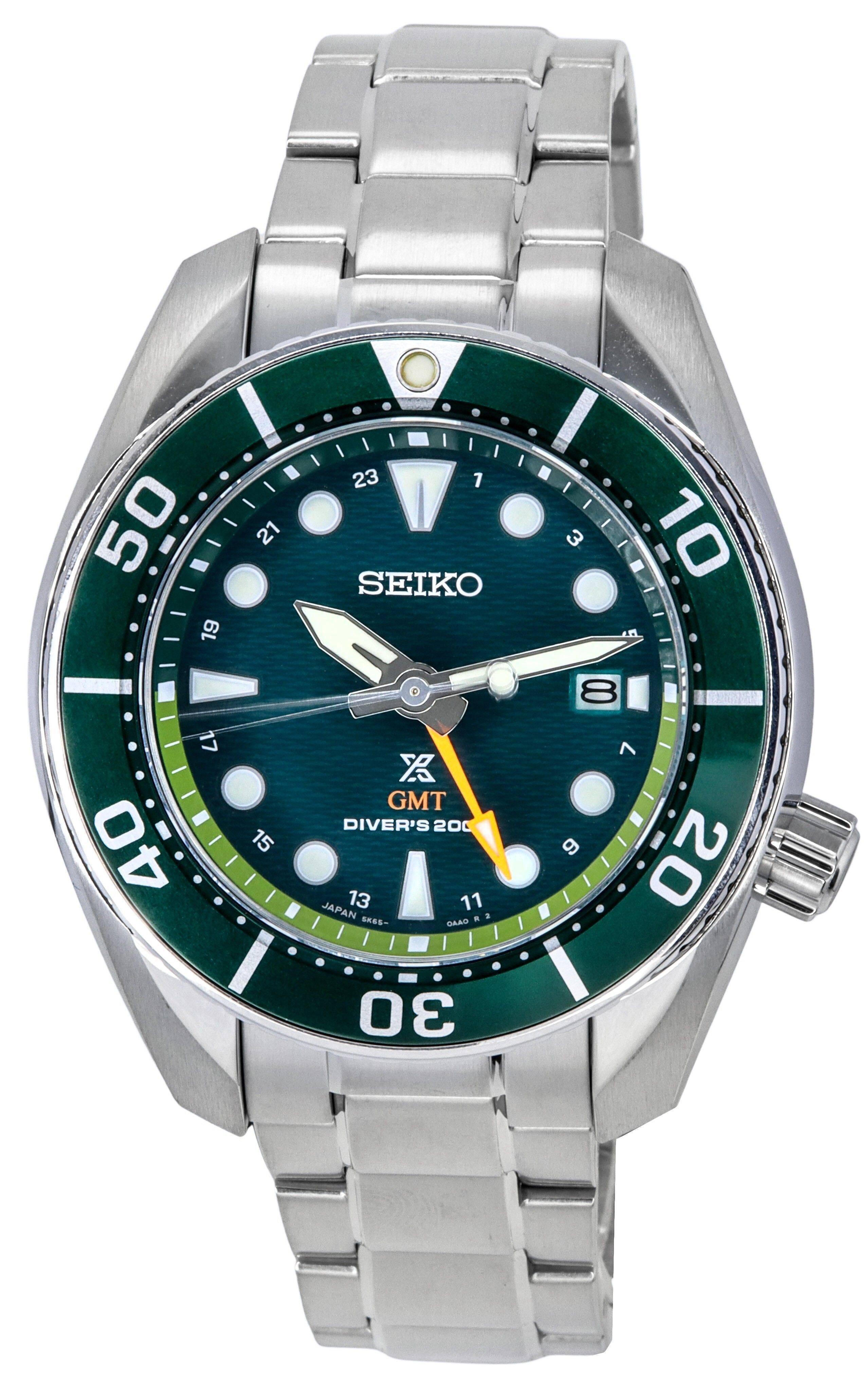 Seiko - Prospex Sea Aqua Sumo GMT Bezel SFK003J1 Mens Watch 3 Jewels Solar Movement Green Dial Divers 200M Date Display - Green/Silver