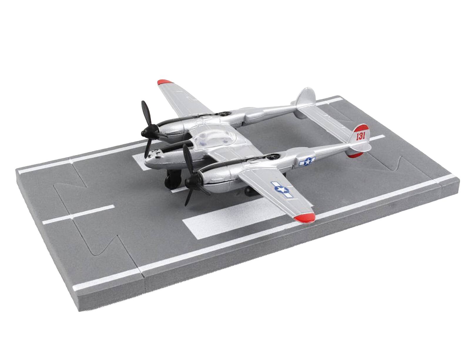 Left. Runway24 - Lockheed P-38J Lightning Fighter Aircraft Silver Metallic United States Army Air Force with Runway Section &  Airplane - Silver Metallic.